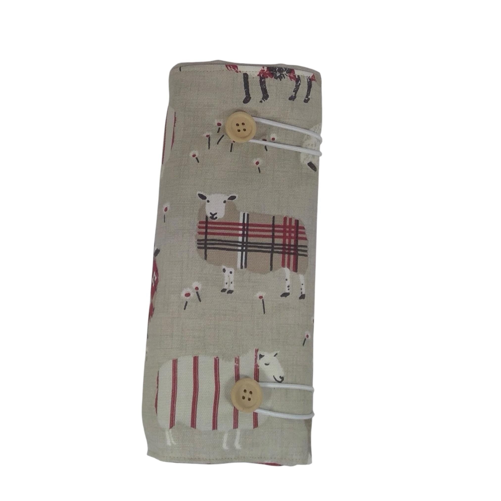 interchangeable and double pointed needle case with red sheep, knitting needle pouch, hiya hiya case, knit pro wallet