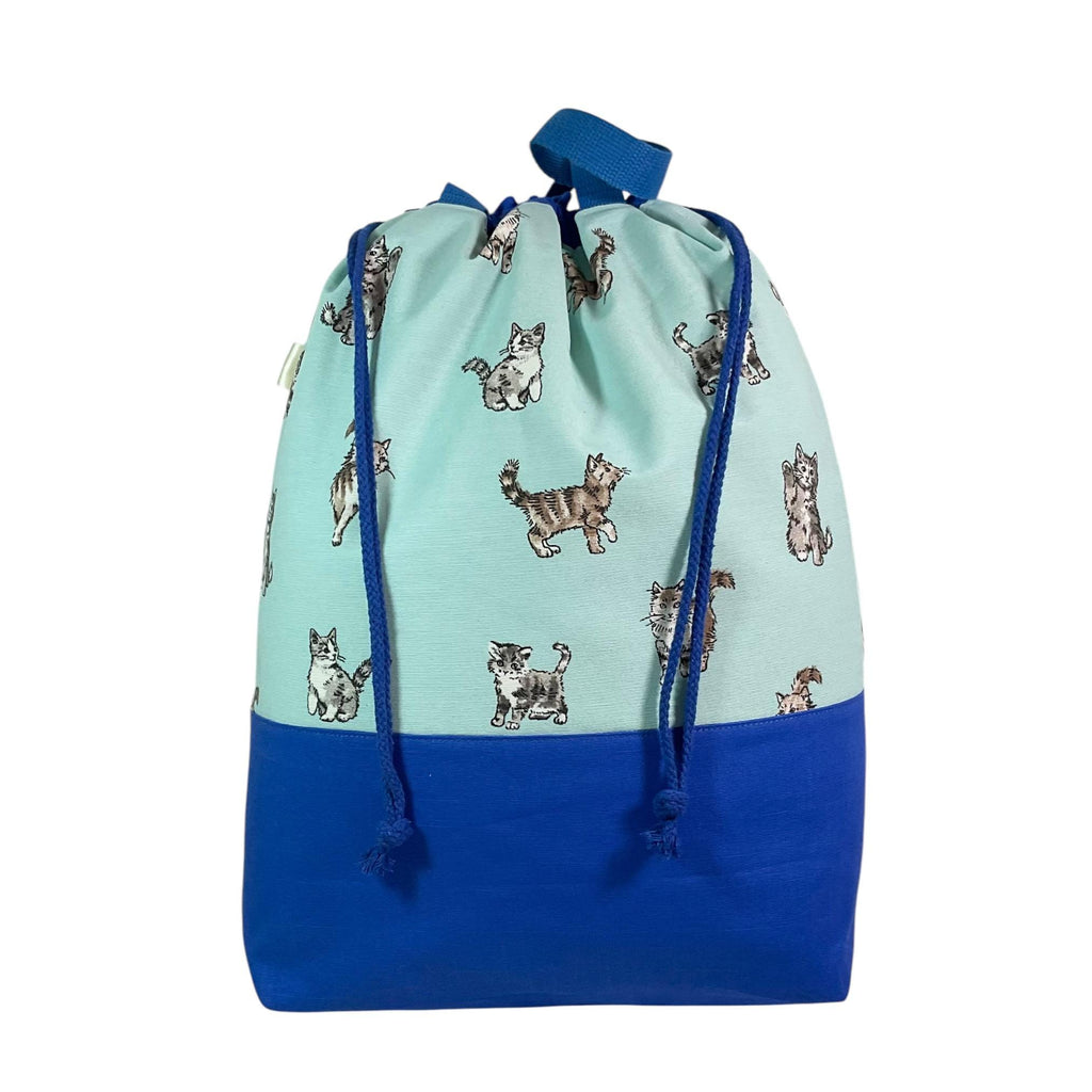XXL  drawstring knitting bag with shabby cats print supersized multi pockets project bag with handles, cat lover gift