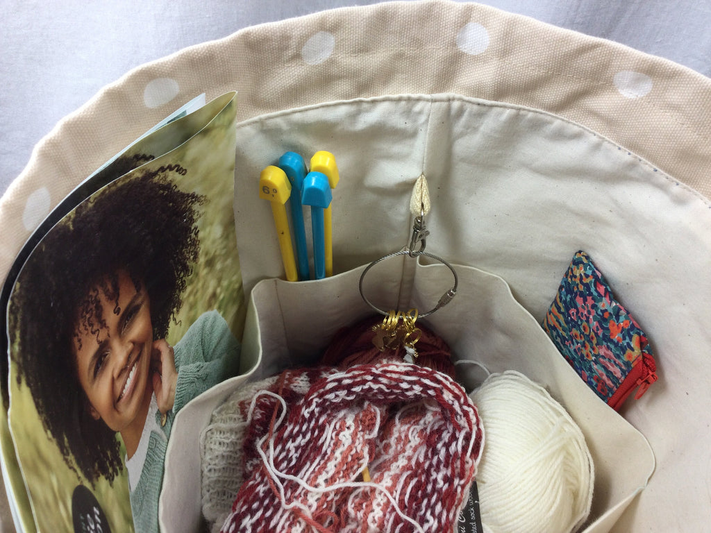 Extra Large canvas drawstring knitting bag with dog print, multi pockets project bag with handles, dog lover gift