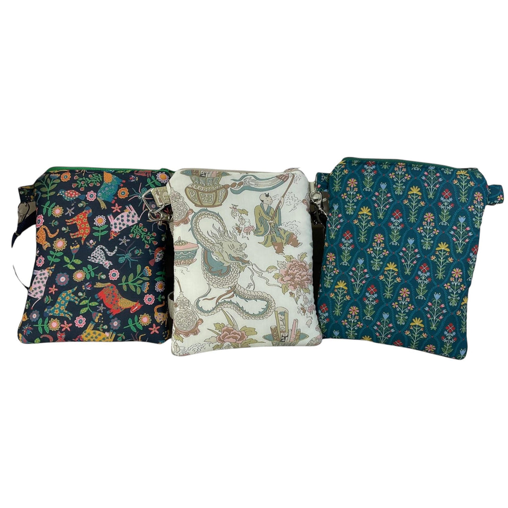 Liberty fabric slim phone shoulder bag with multi pockets, teen messenger style floral phone pouch, mini clutch bag, clubbing festival bag,