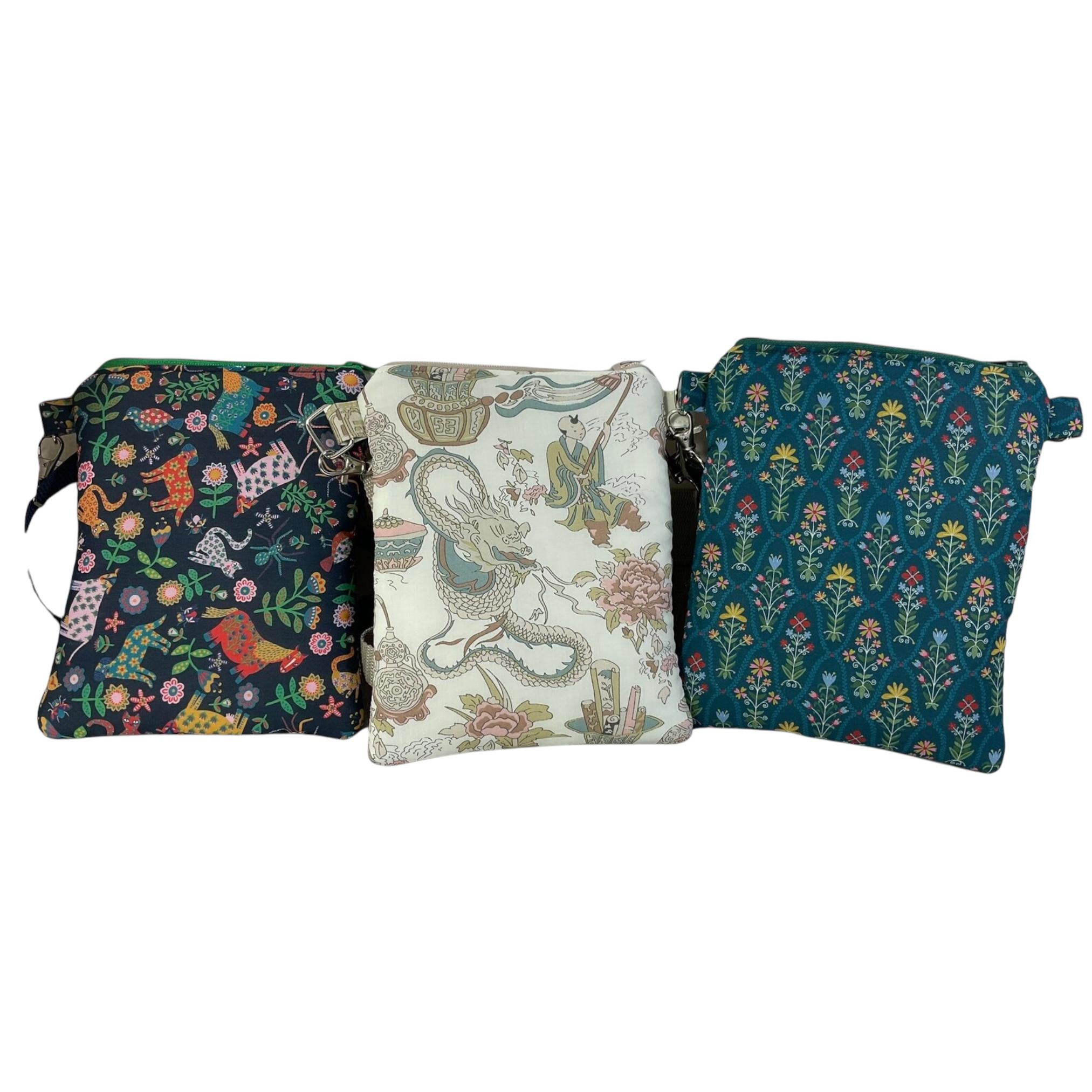 Liberty fabric slim phone shoulder bag with multi pockets, teen messenger style floral phone pouch, mini clutch bag, clubbing festival bag,