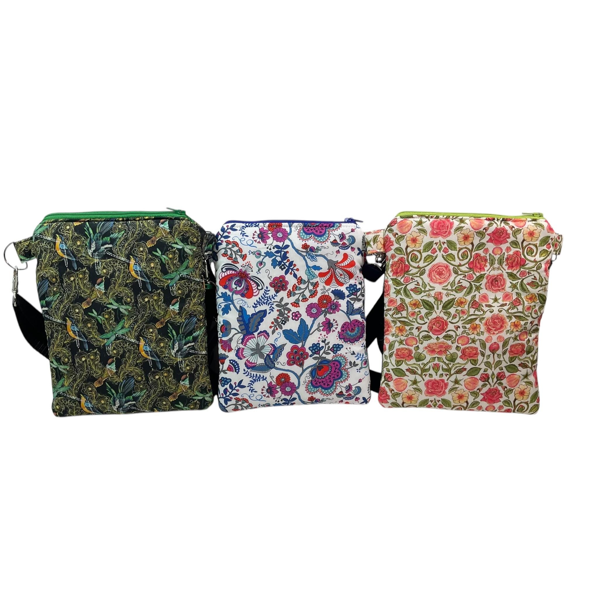 Liberty fabric slim phone shoulder bag with multi pockets, teen messenger style floral phone pouch, mini clutch bag, clubbing festival bag,
