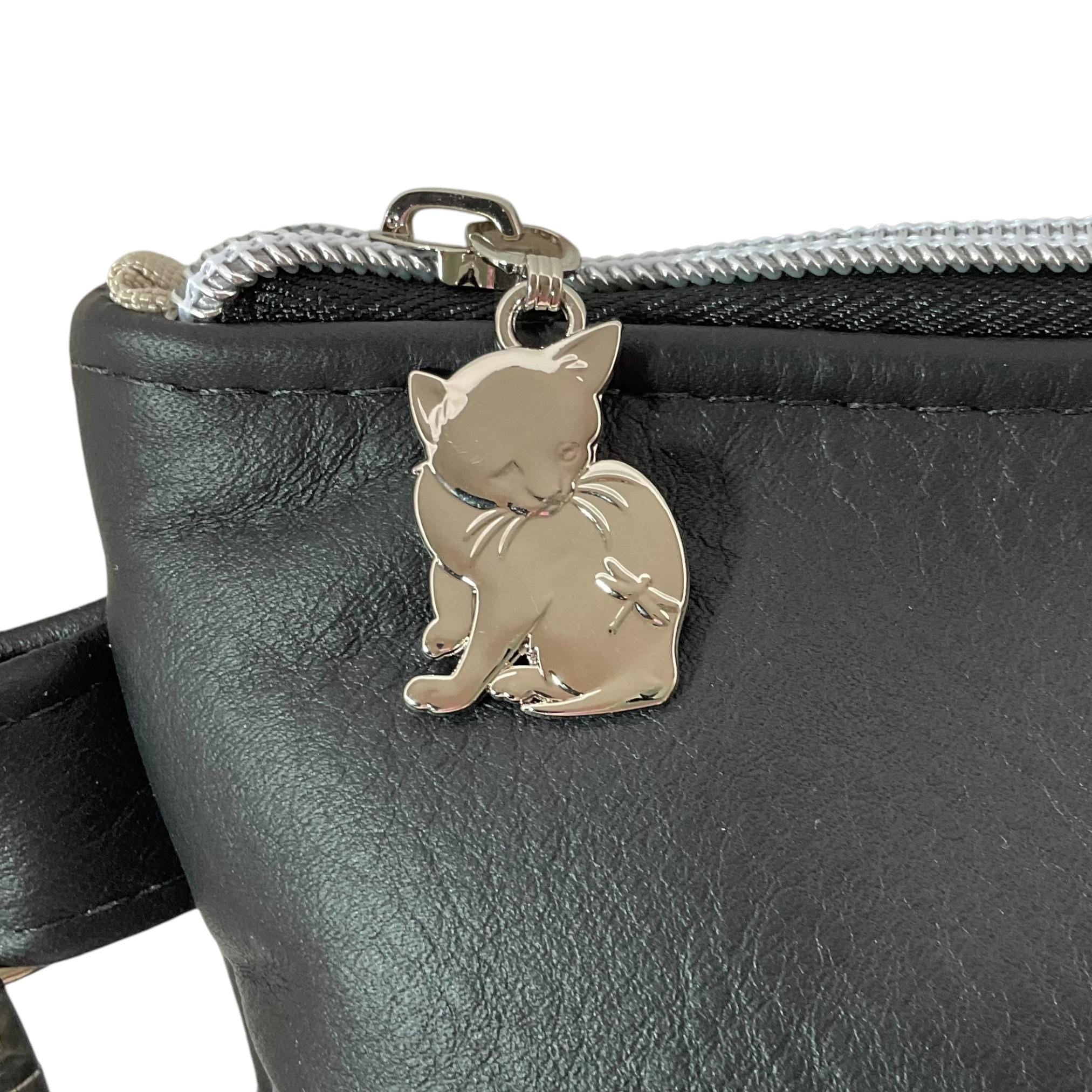 Handbag in genuine Leather and purple cat print water resistant canvas, medium sized zip top