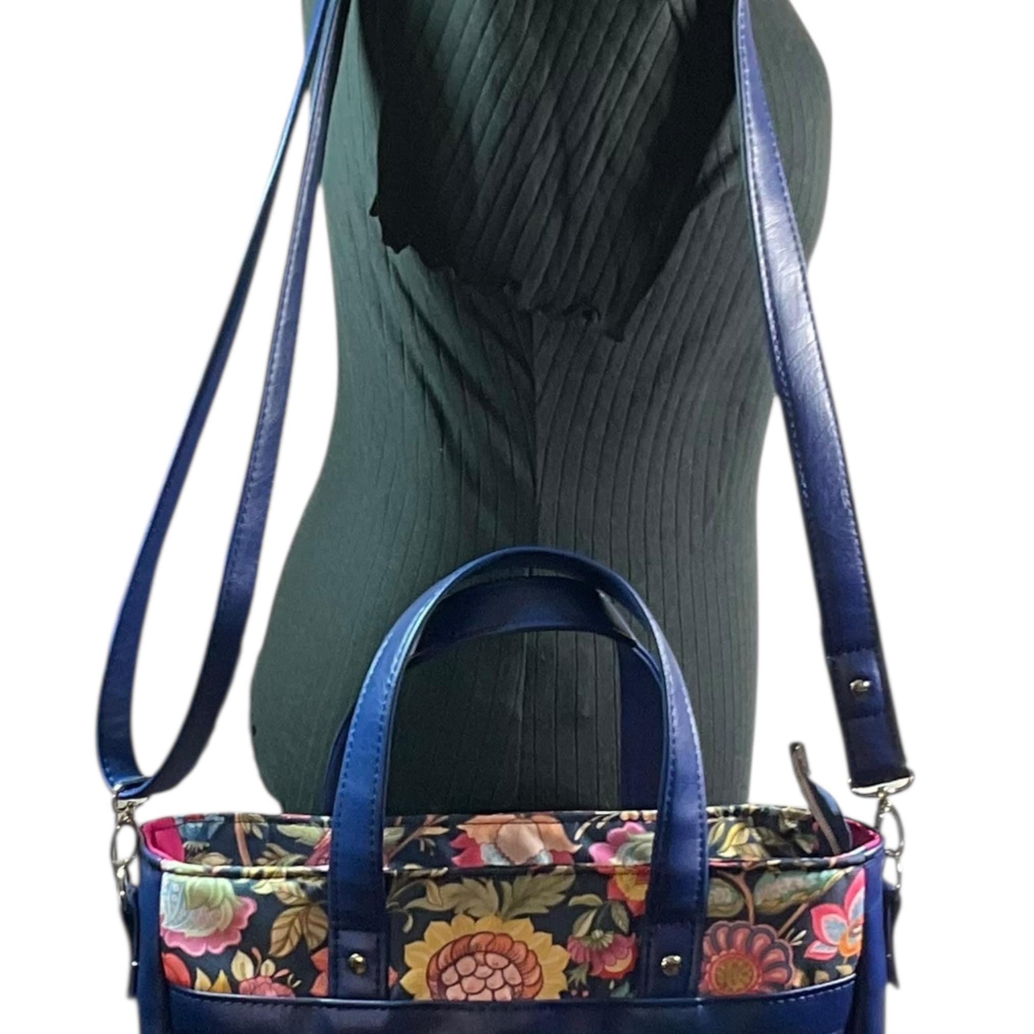 Crossbody Handbag with floral bird print, made in blue shade faux leather, unique large woodland shoulder tote, zip pocket,  ladies gift