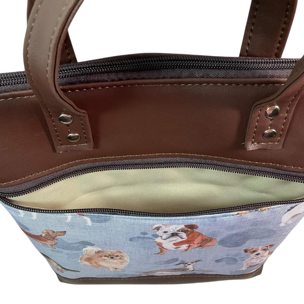 Handbag in faux Leather and dog breeds print  fabric, medium tote style zip top shoulder crossbody with carry handles