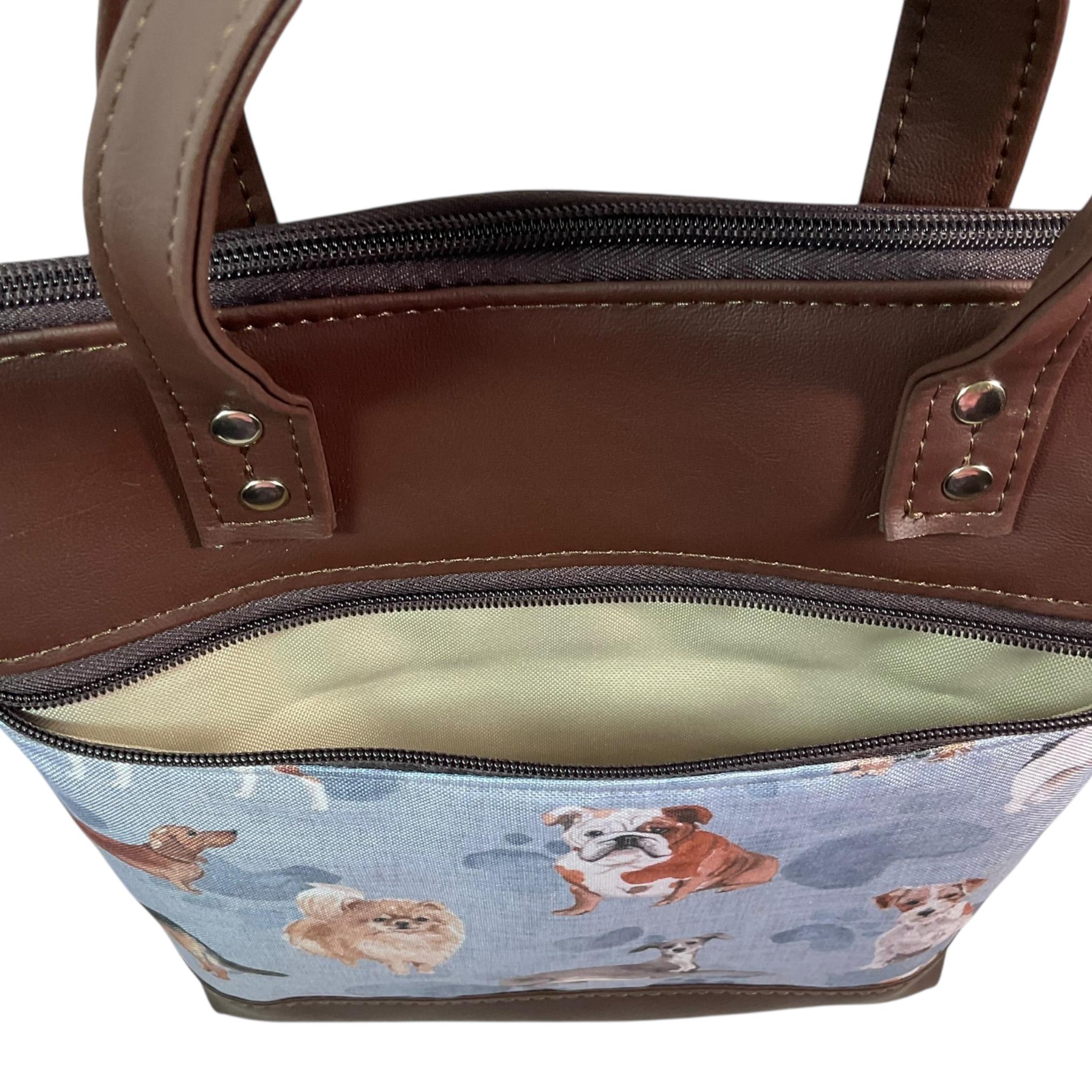Handbag in faux Leather and dog breeds print  fabric, medium tote style zip top shoulder crossbody with carry handles