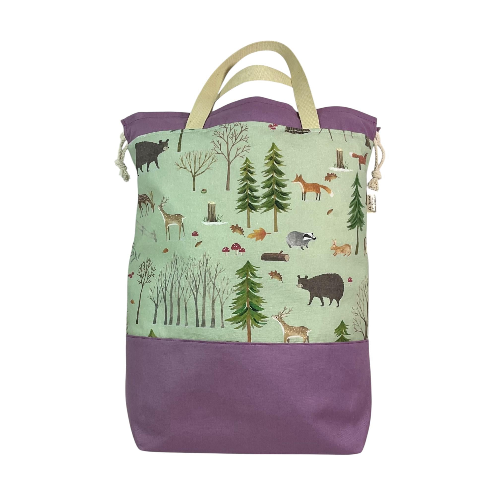 XXL  drawstring knitting bag with woodland creatures  print, supersized multi pockets project bag with handles, knitter and crafter gift
