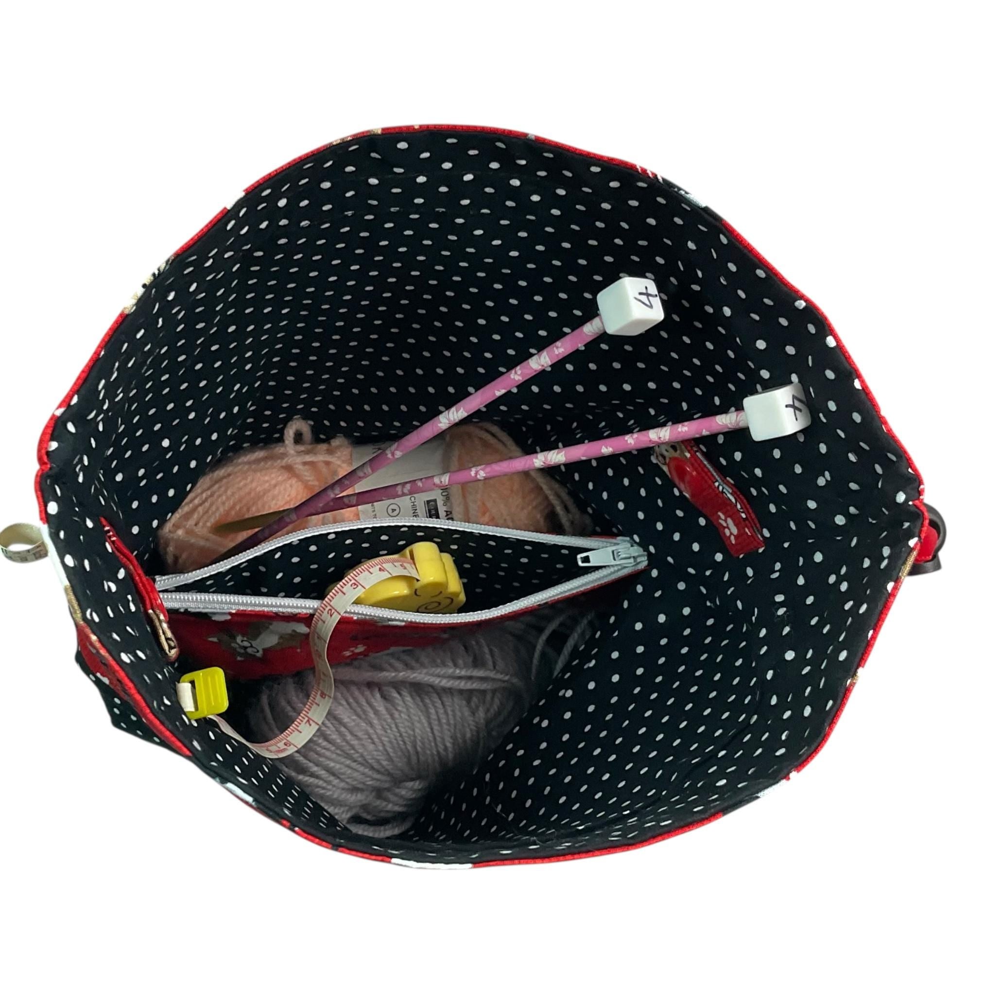 Knitting and crochet bag, Two at a time project bag with cat print, drawstring divided sock sack, yarn work in progress pouch, craft gift