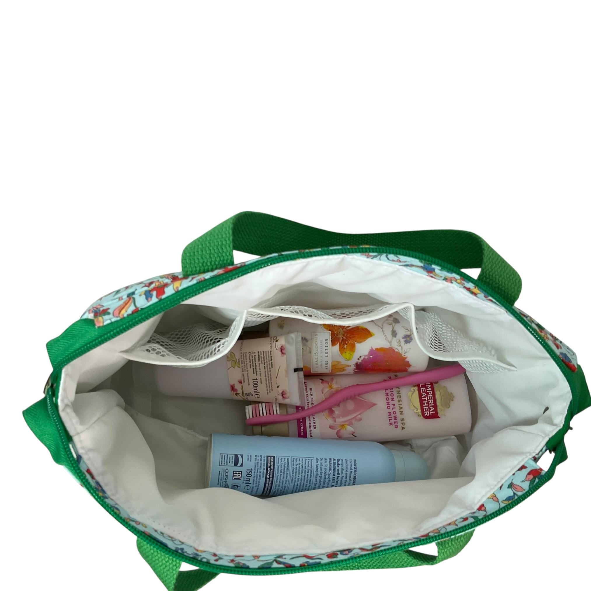 large toiletries bag made from  Liberty fabric, with handles and pockets in and outside, bird Waterproof lined wash pouch, ladies gift