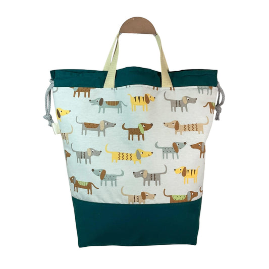 Extra Large canvas drawstring knitting bag with dog print