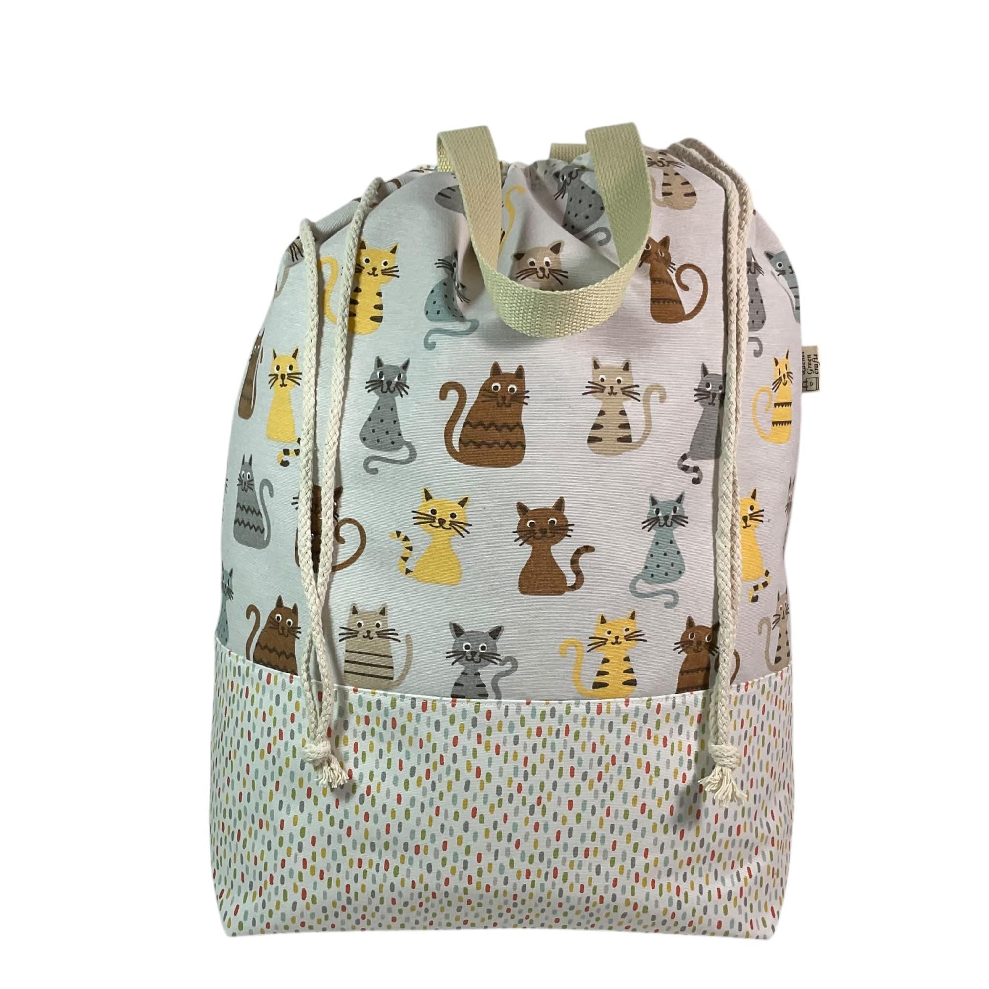 XXL  drawstring knitting bag with cat print, supersized multi pockets project bag with handles, cat lover gift