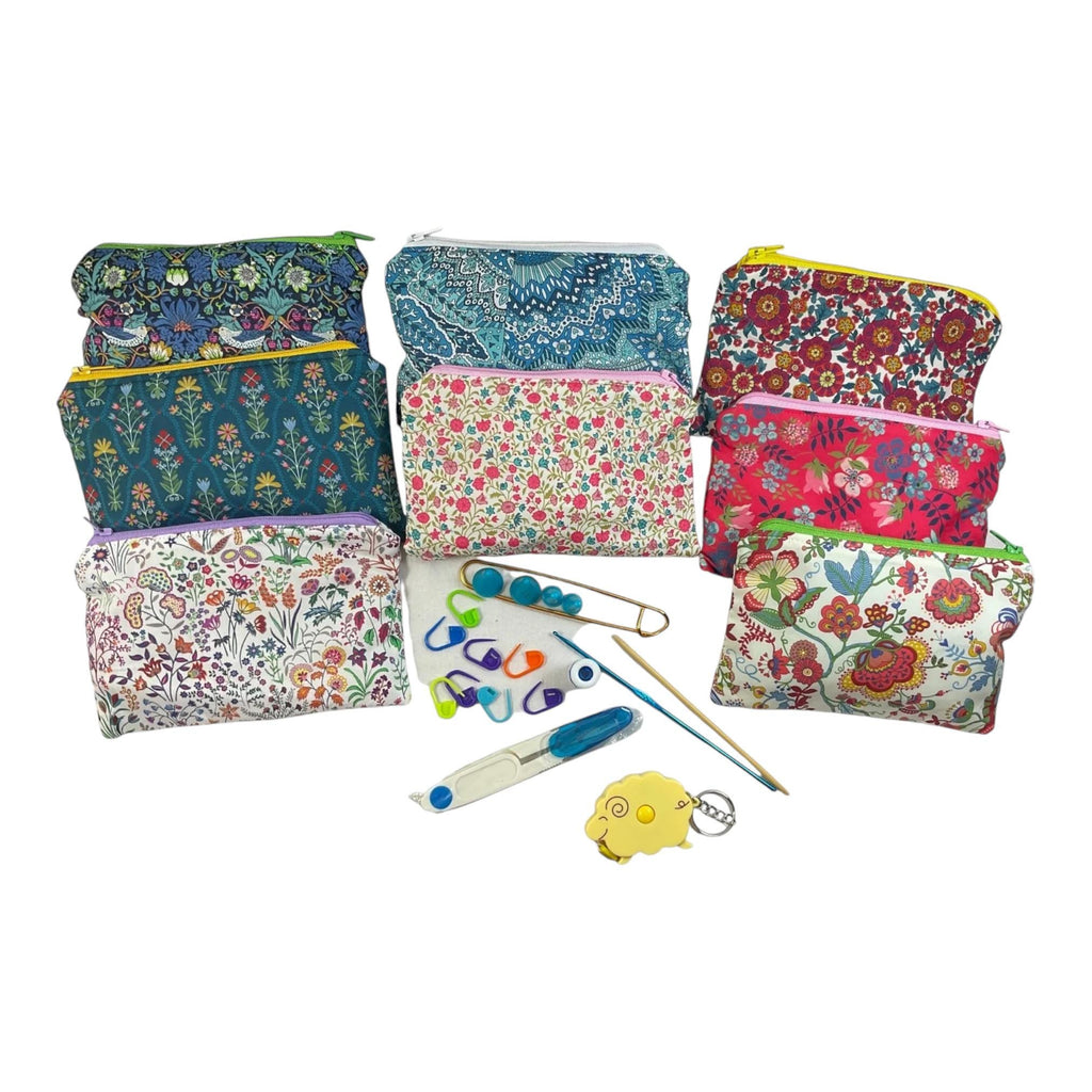 Notions kit for Knitters and crochet in liberty fabric and filled with craft tools, floral travel knitting kit, scissors, stitch holder
