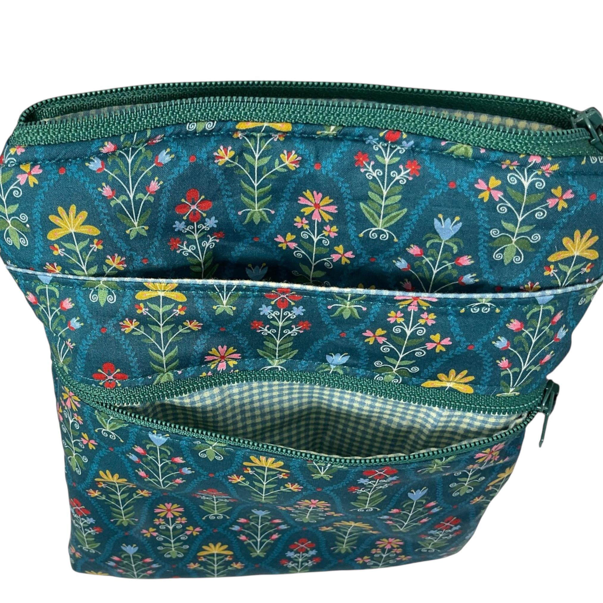 Liberty fabric slim phone shoulder bag with multi pockets, teen messenger style floral phone pouch, mini clutch bag, clubbing festival bag,
