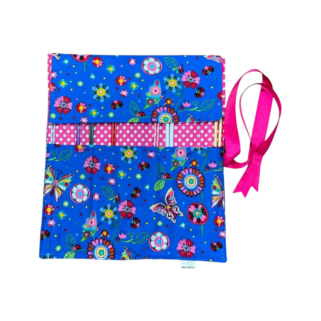 Straight knitting needle case with ladybirds, butterflies and flowers, bugs knitting storage case,, knitters gift,needle organiser