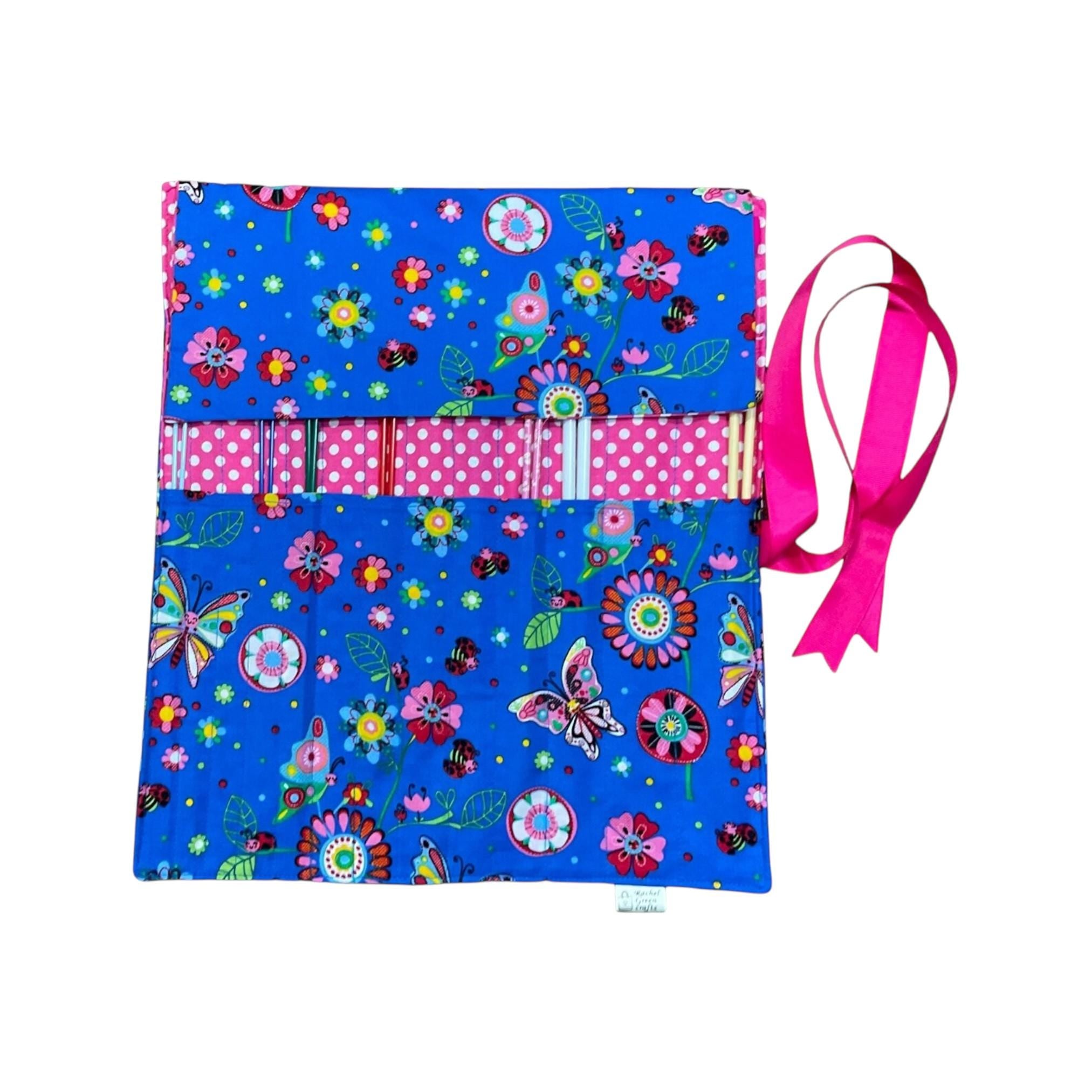 Straight knitting needle case with ladybirds, butterflies and flowers, bugs knitting storage case,, knitters gift,needle organiser