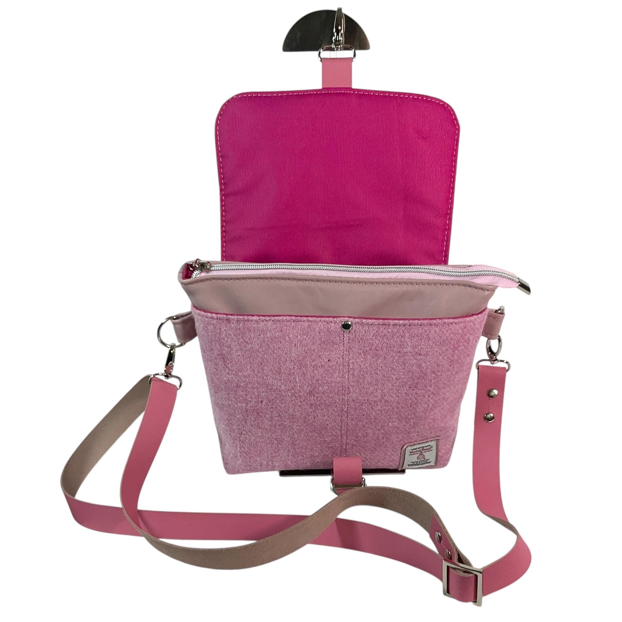 Satchel Handbag in genuine leather and Harris tweed pink pure wool,  medium sized zip top shoulder bag, pink lovers