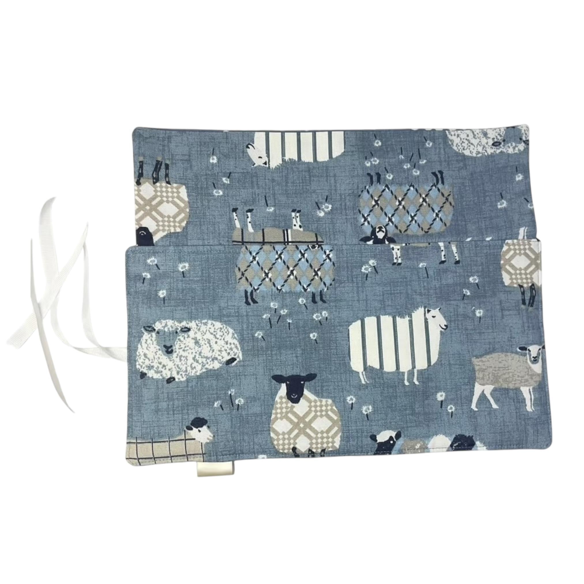 Crochet hook case with blue sheep, ergonomic hook organiser, roll up case, Sheep lover gift, knitters gift, Crochet gift,  hook storage