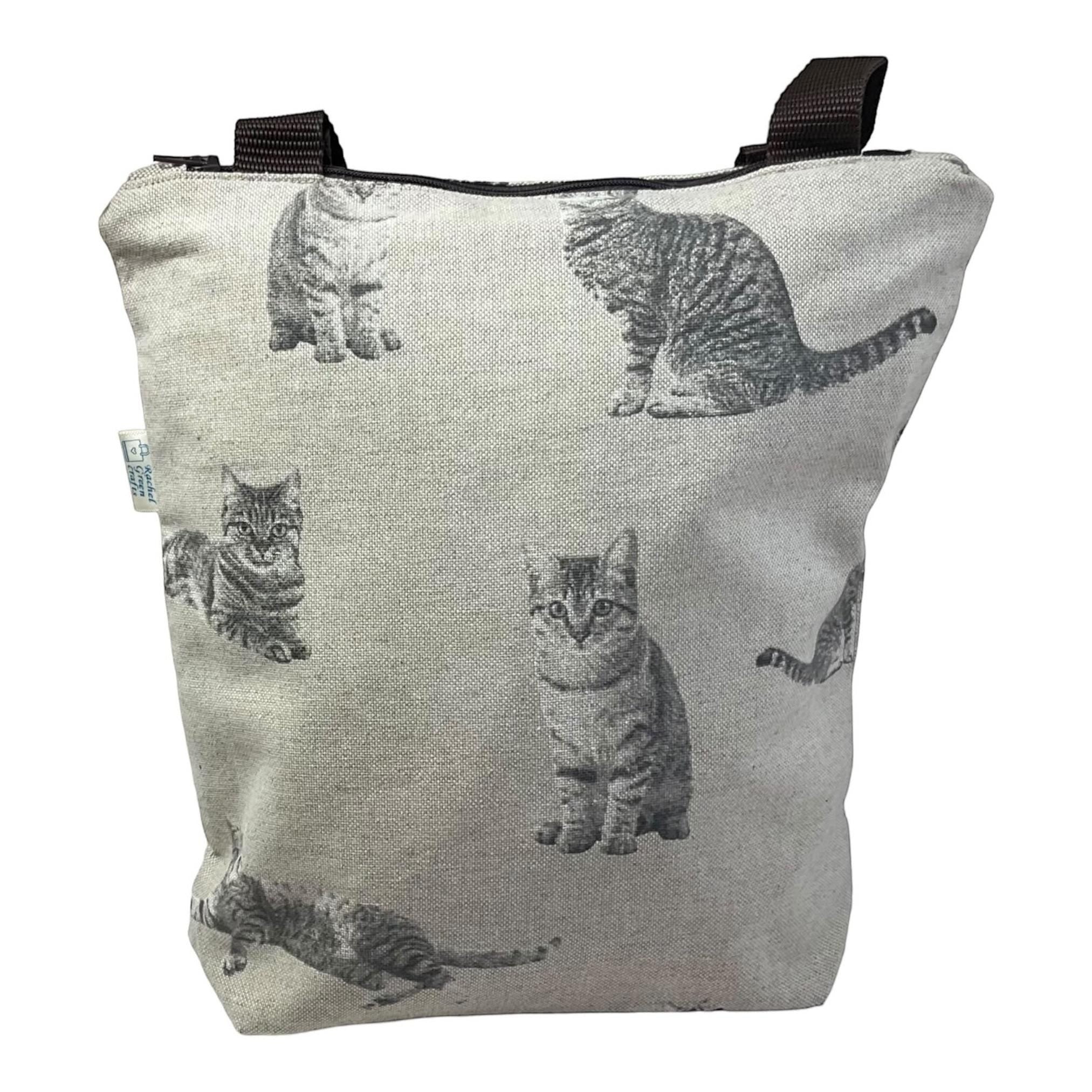 Small tote bag with zip closure, canvas tortoiseshell cats cotton book purse, bag with pockets  for cat lover, gift for girls