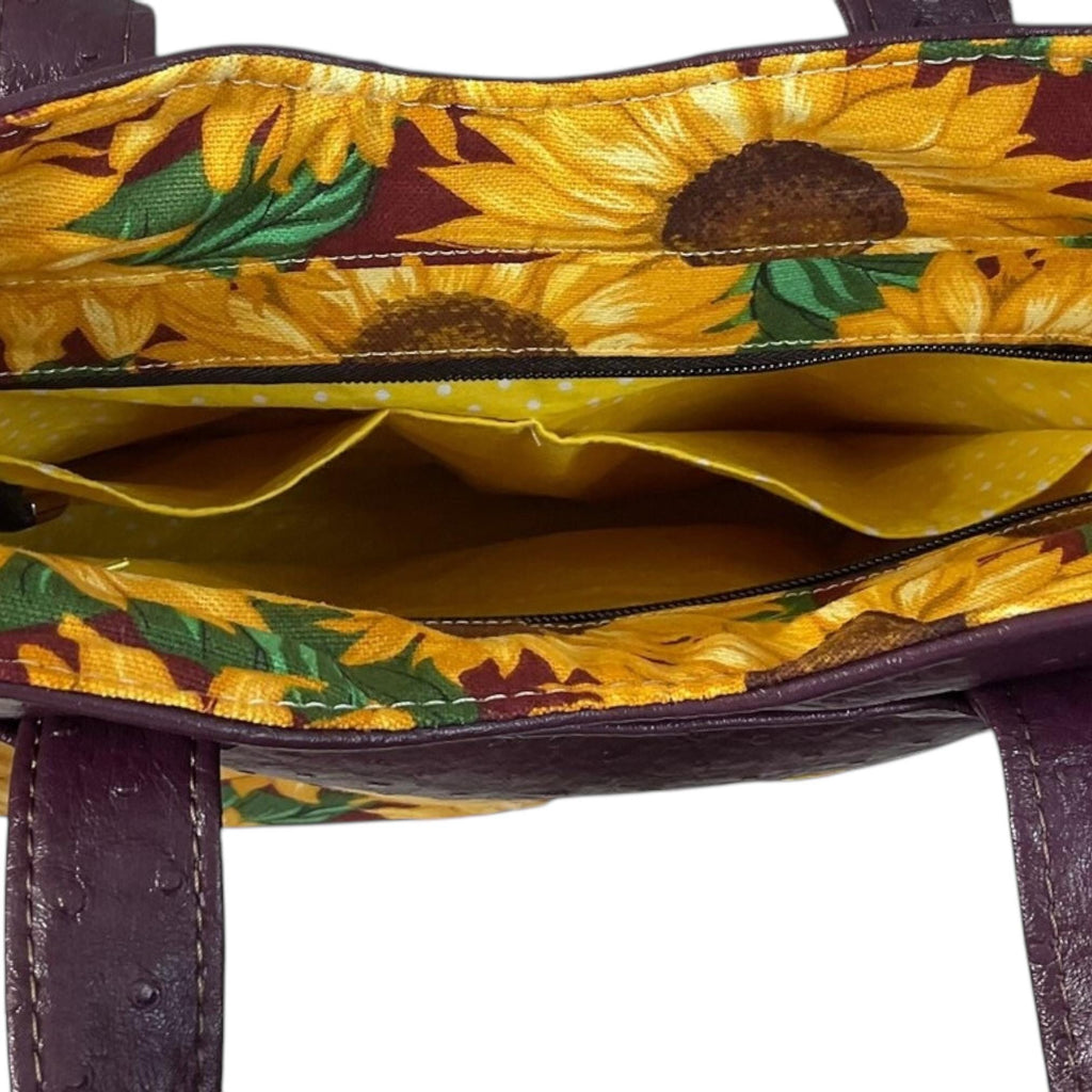 Handbag in faux leather and Sunflower floral print, vegan ladies gift, handles and crossbody strap bag, rectangular shoulder zip pouch,