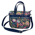 Crossbody Handbag with floral bird print, made in blue shade faux leather, unique large woodland shoulder tote, zip pocket,  ladies gift