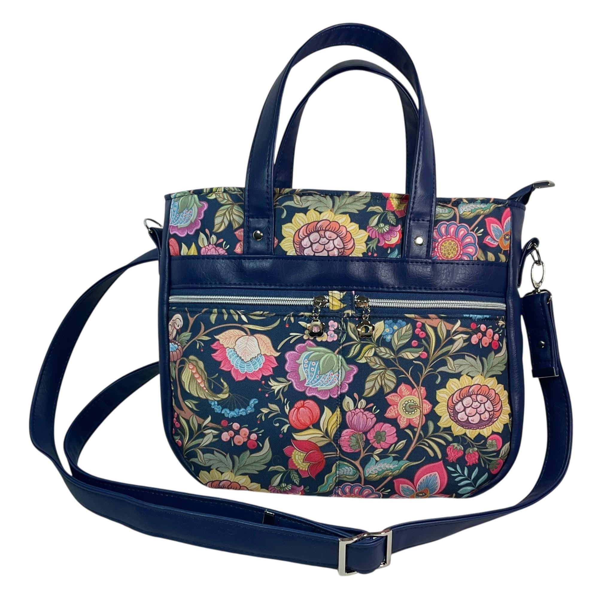 Crossbody Handbag with floral bird print, made in blue shade faux leather, unique large woodland shoulder tote, zip pocket,  ladies gift