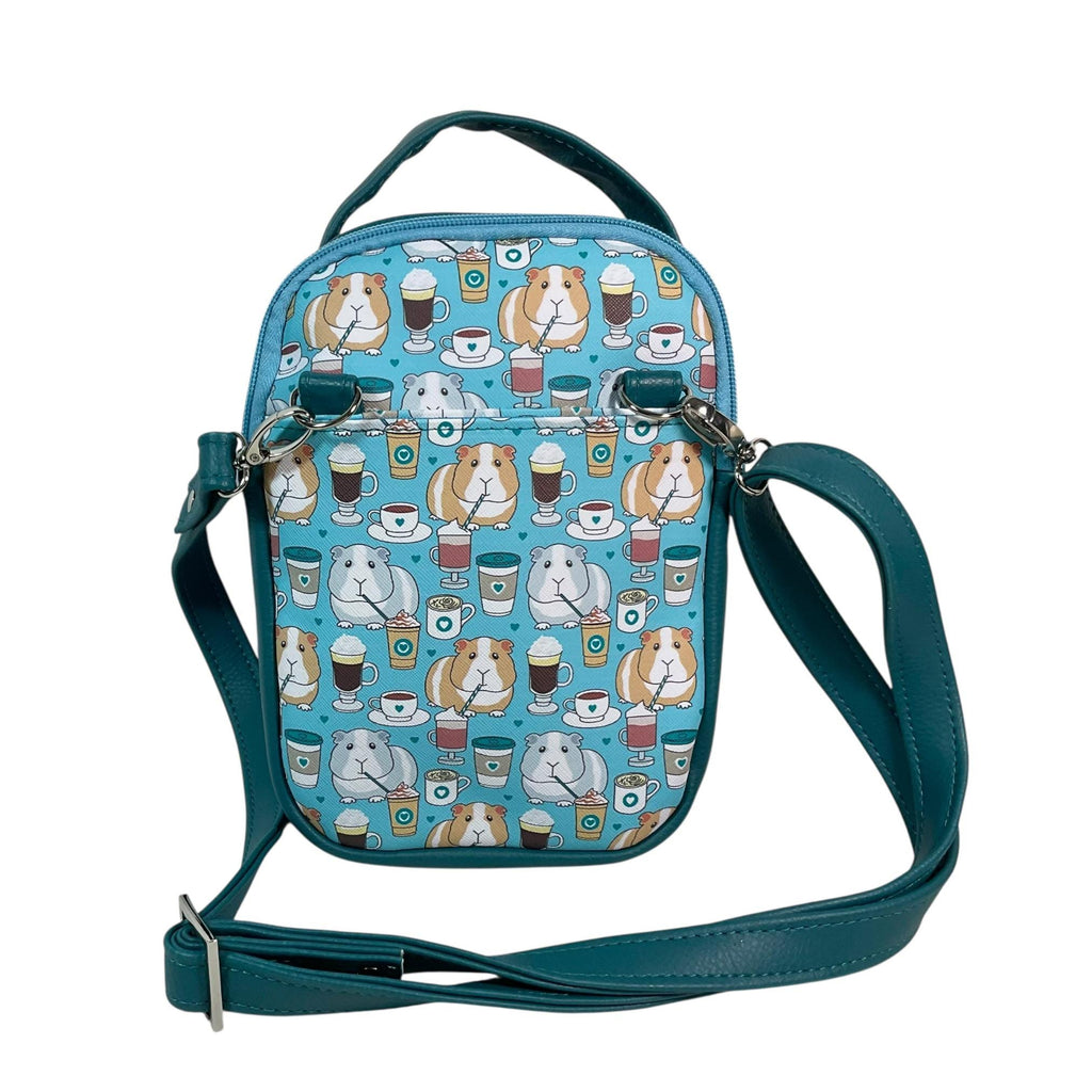 Water bottle sling bag, walking tour and travel day trip, guinea pig lover bag with carry handle, water resistant vinyl/ faux leather bag