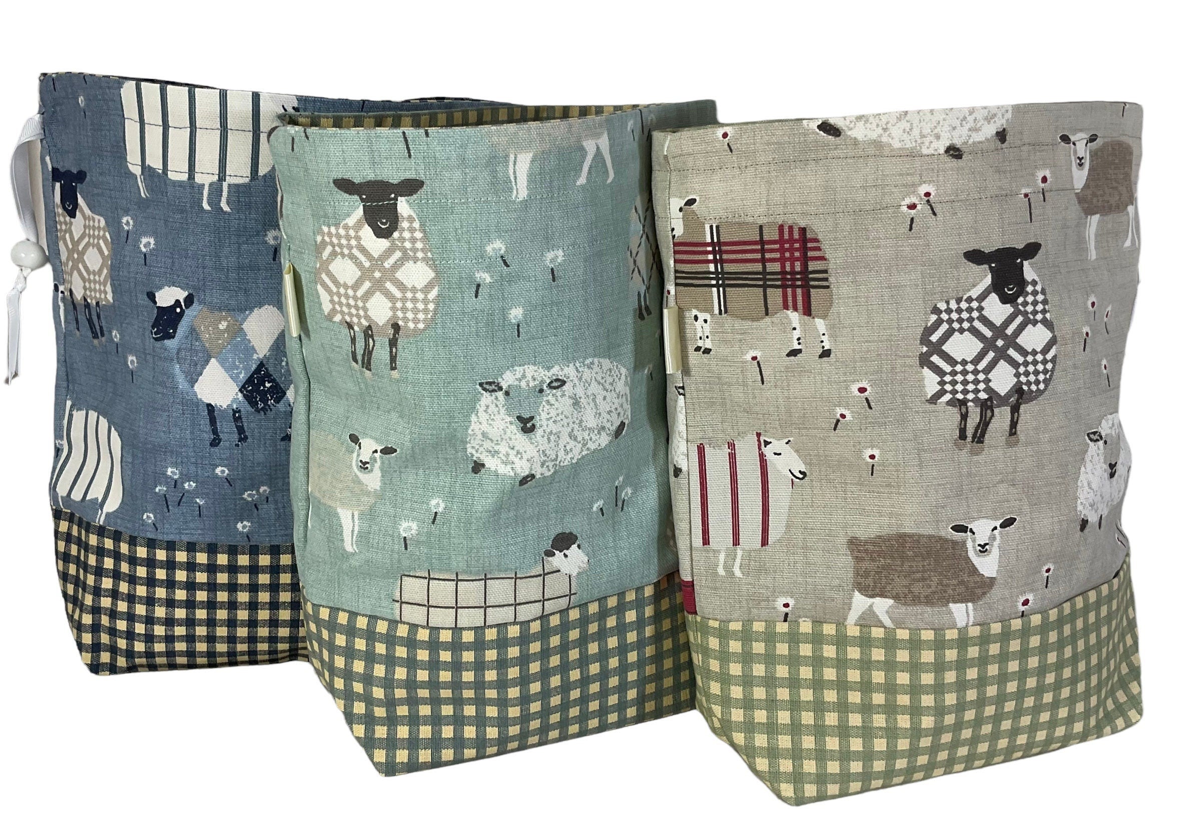 Two at a time knitting bag with tartan/plaid sheep, blue sock sack, drawstring divided, shoe, toiletries pouch, work in progress, WIP