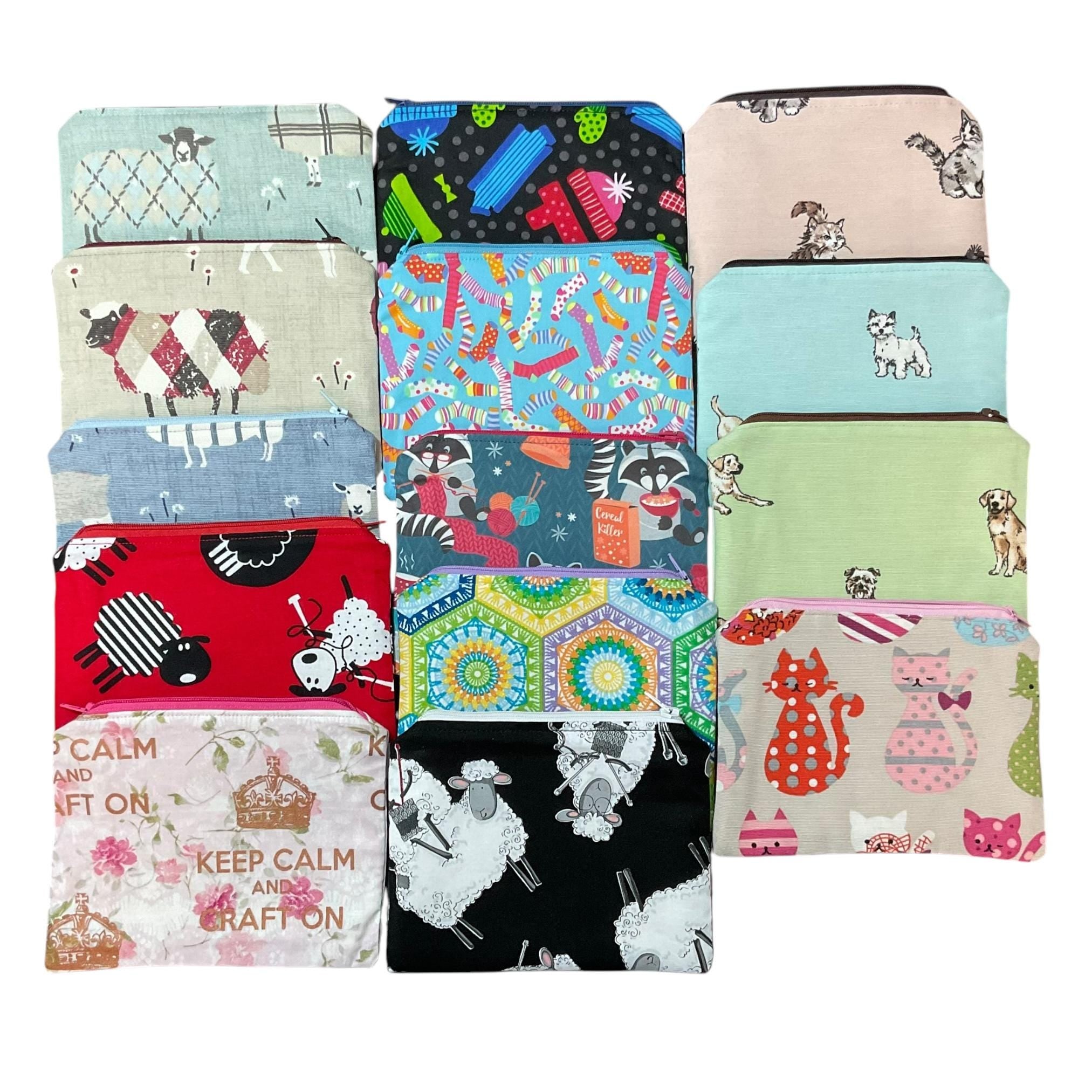 Fabric Zip Pouch: Sheep, Cat, Dog Print - Crafting Notions Case