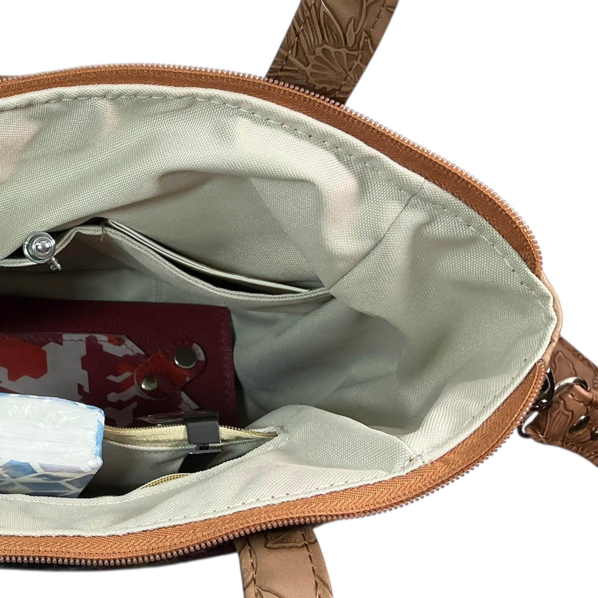 Harris tweed Crossbody Handbag, floral faux leather tote, caramel brown shoulder bag,  zip pocket large adjustable strap organiser bag