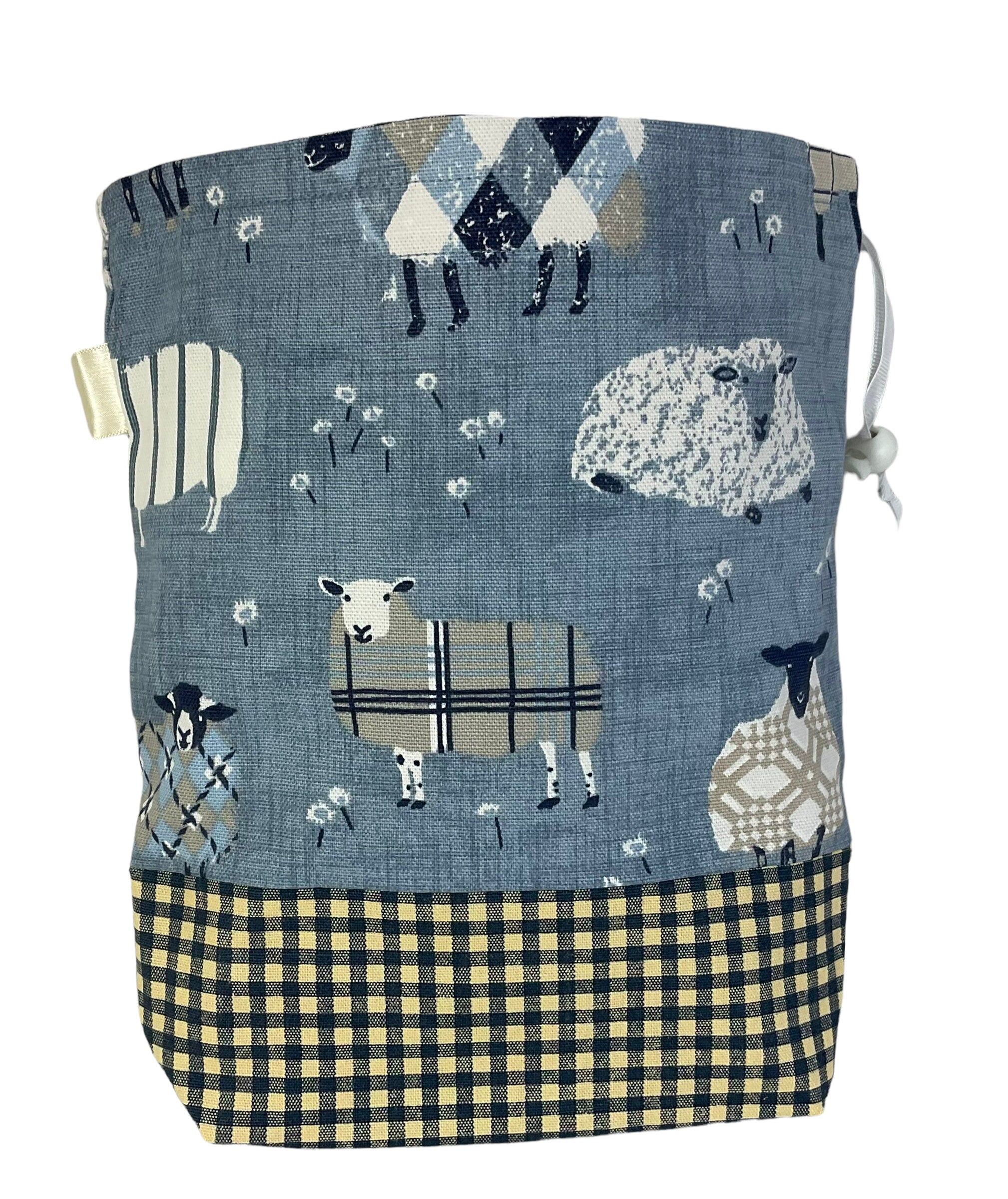 Two at a time knitting bag with tartan/plaid sheep, blue sock sack, drawstring divided, shoe, toiletries pouch, work in progress, WIP