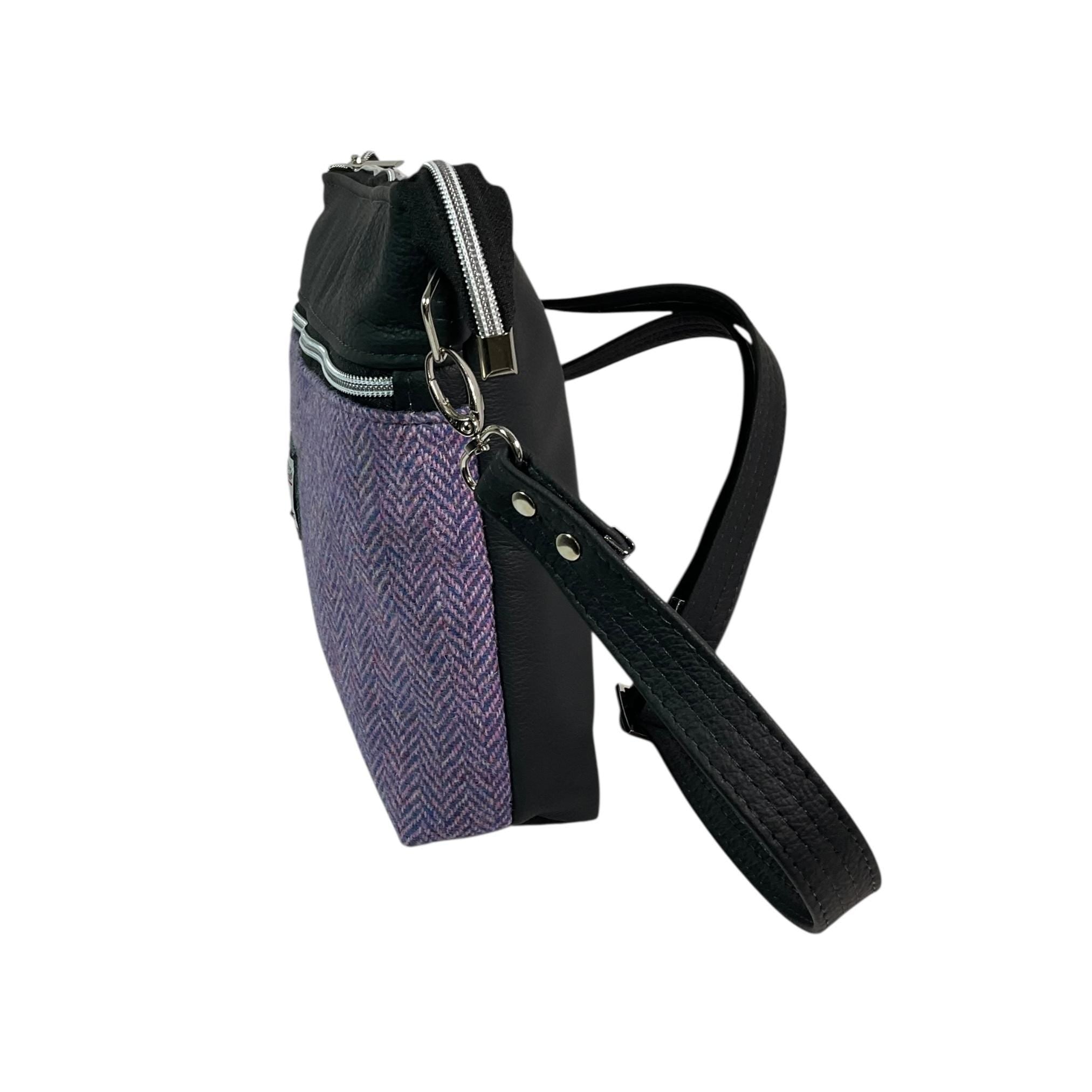 Handbag in genuine leather and Harris tweed tartan print pure wool,  blue and lilac herringbone medium sized zip top shoulder bag