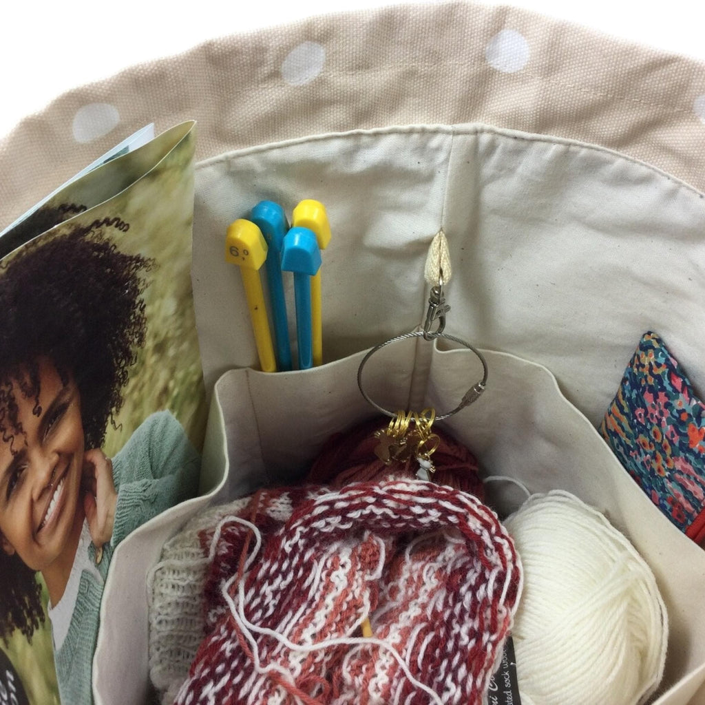Liberty fabric Extra Large drawstring knitting bag with floral print, multi pockets project  bag with handle, flower lover gift