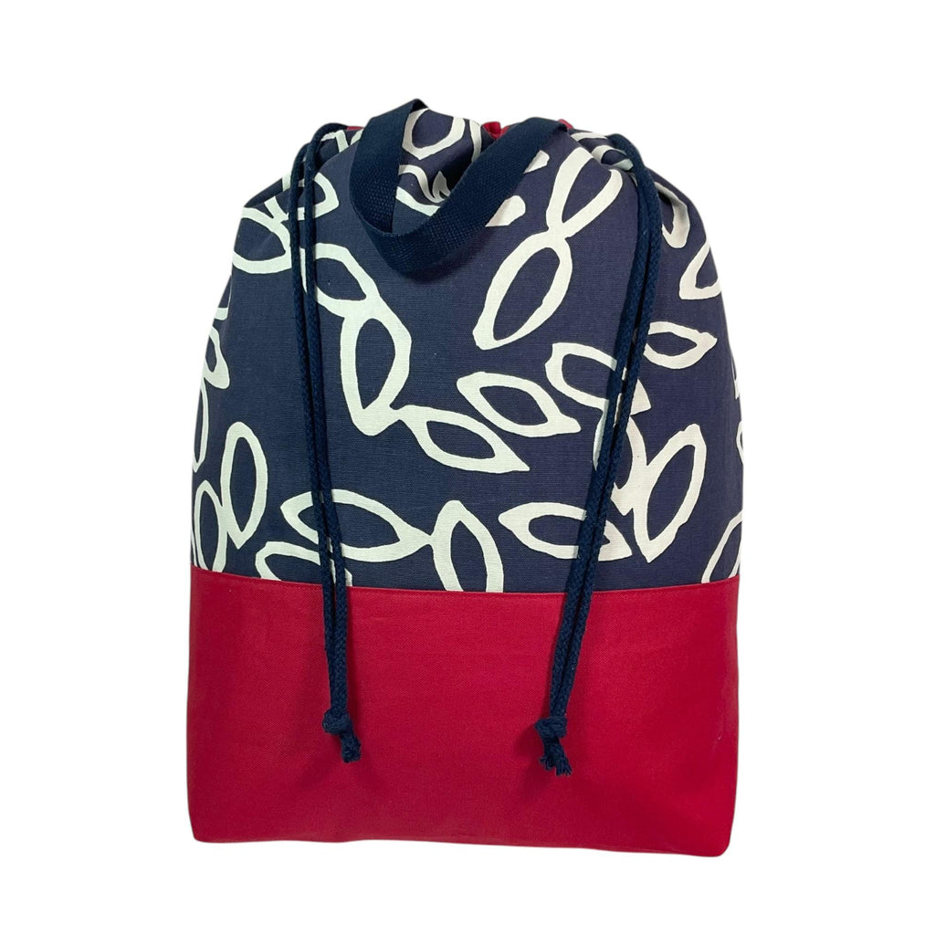 XXL  drawstring knitting bag with abstract print, supersized multi pockets project bag with handles, denim blue and red knitters gift