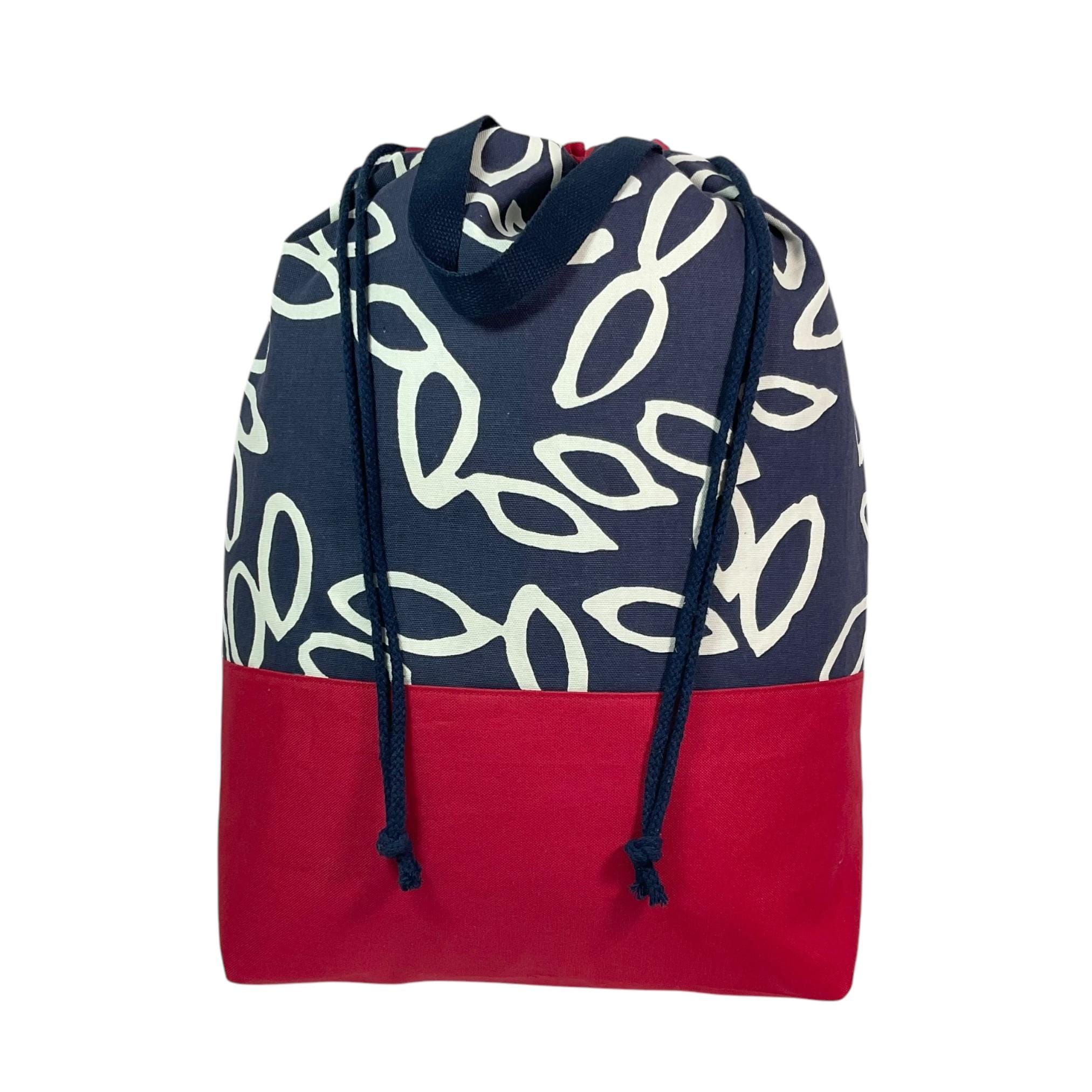 XXL  drawstring knitting bag with abstract print, supersized multi pockets project bag with handles, denim blue and red knitters gift