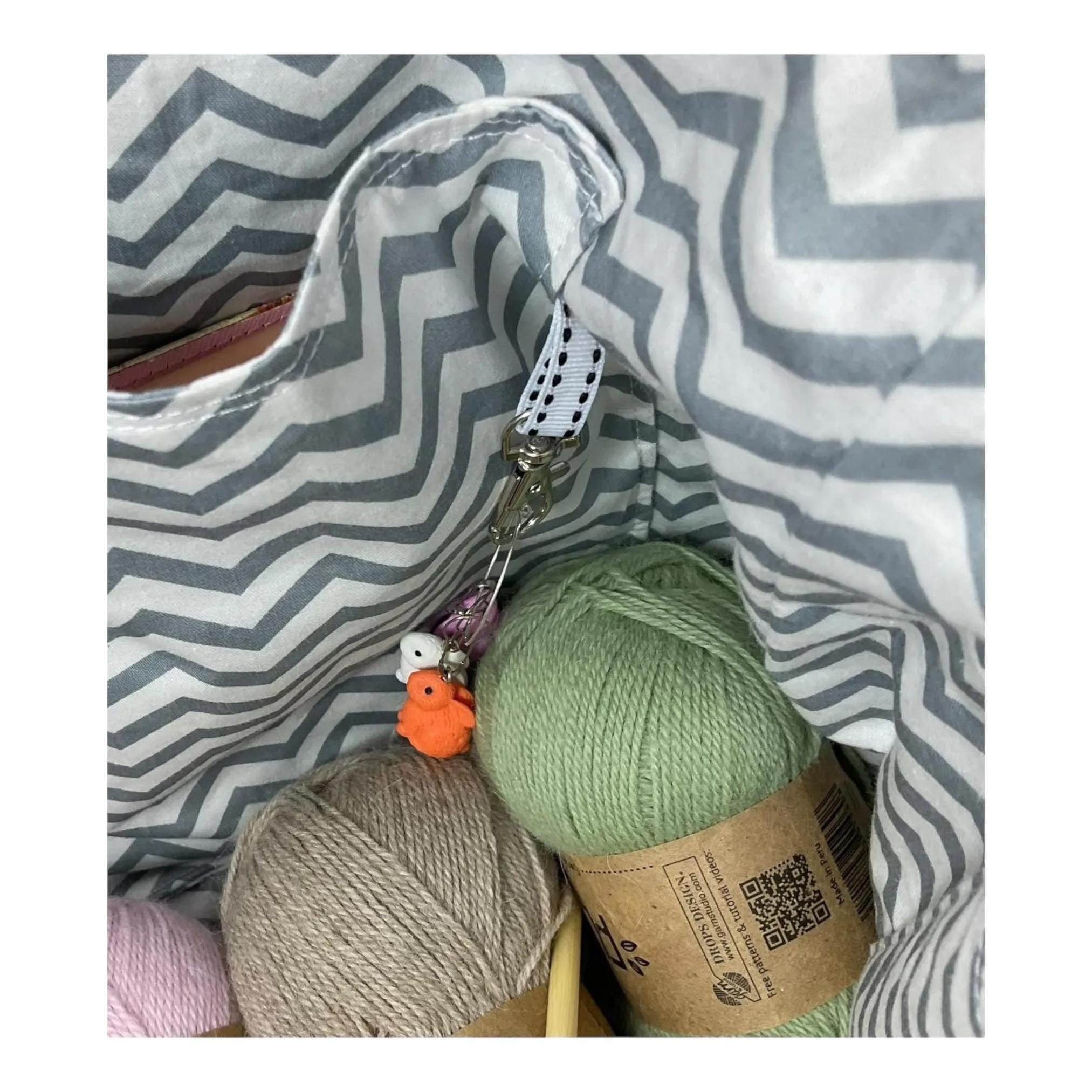 Knitting and crochet tote bag with zip top, large sheep organiser crossbody bag