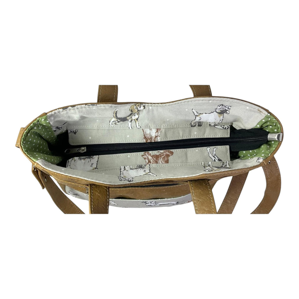Handbag in faux leather and dog print, pet dog lover vegan ladies gift, handles and crossbody strap bag, shoulder zip pouch