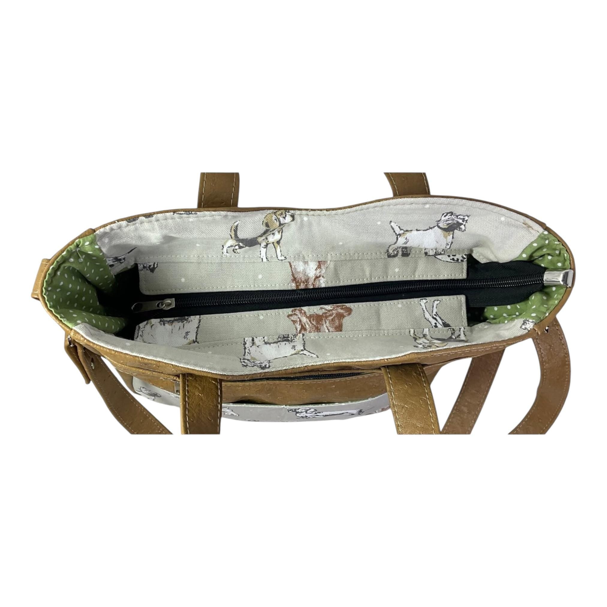 Handbag in faux leather and dog print, pet dog lover vegan ladies gift, handles and crossbody strap bag, shoulder zip pouch