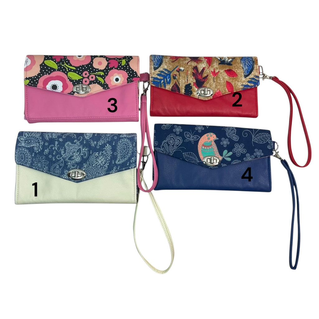 Clutch bag wristlet wallet for phone and cards/ cash, small phone bag in faux leather and floral fabric, evening clubbing purse, ladies gift