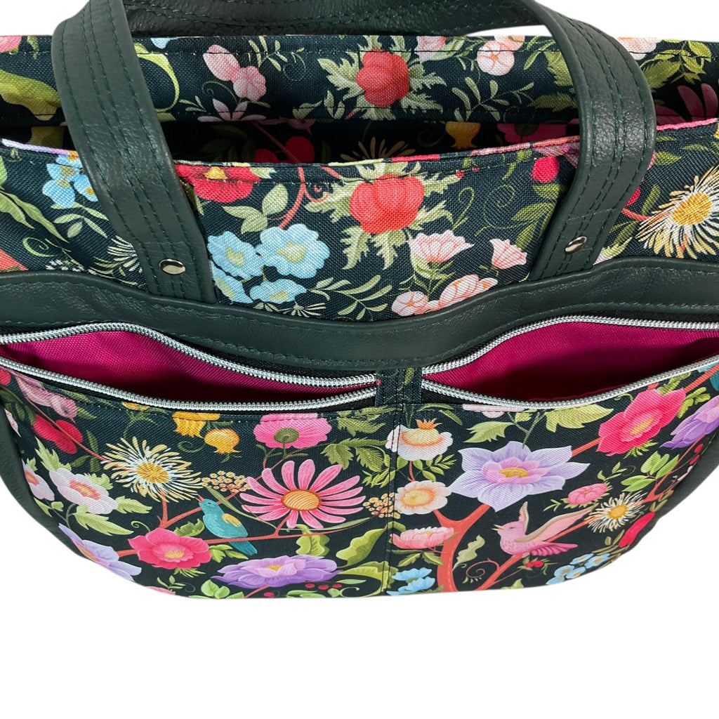 Crossbody Handbag with floral bird print, made in genuine leather, unique large woodland shoulder tote, zip pocket,  ladies gift