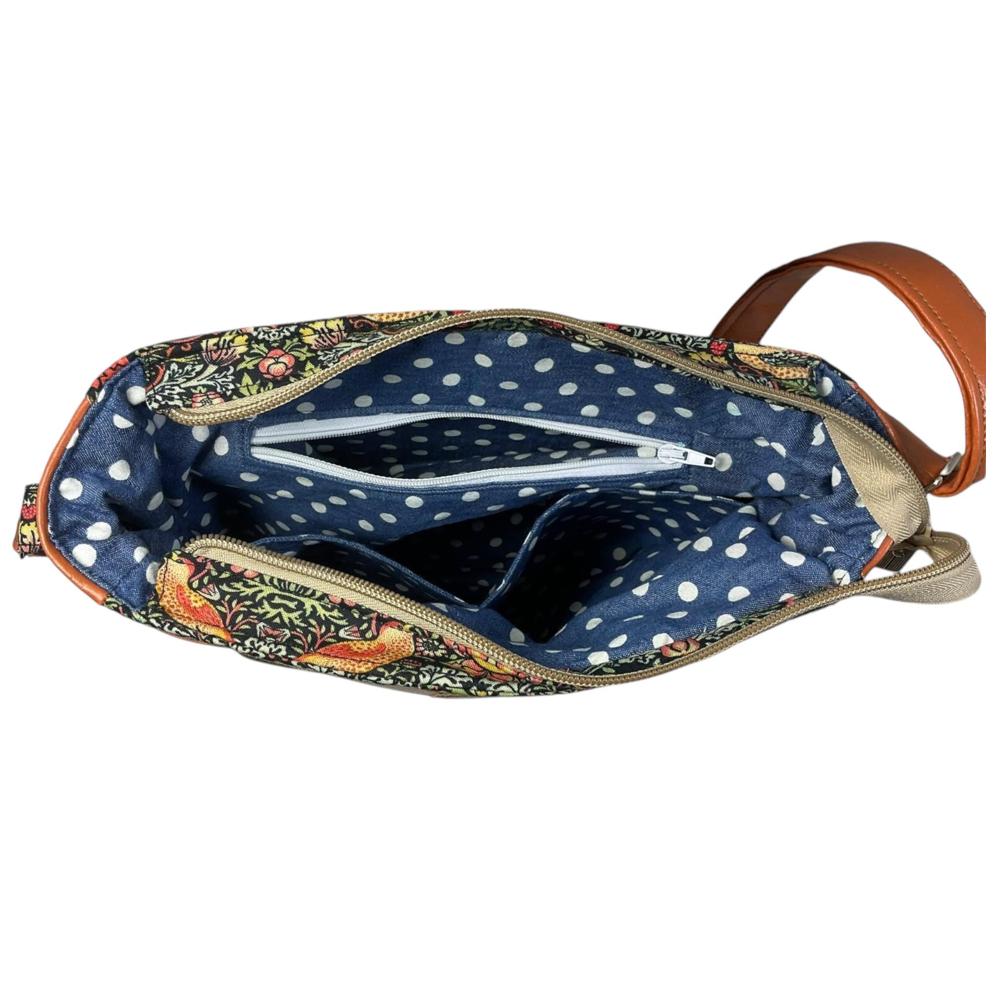 Handbag in faux leather and strawberry thief bird print, vegan ladies gift, crossbody bag, shoulder zip pouch