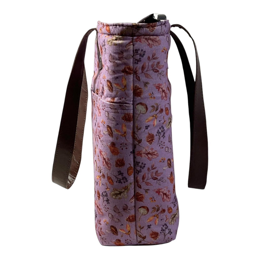 Woodland Floral Corduroy Tote Bag: Leather Accents, Structured Shoulder Bag
