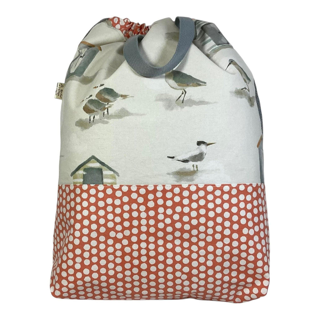 XXL  drawstring knitting bag with seaside beach print, supersized multi pockets project bag with handles, ladies gift