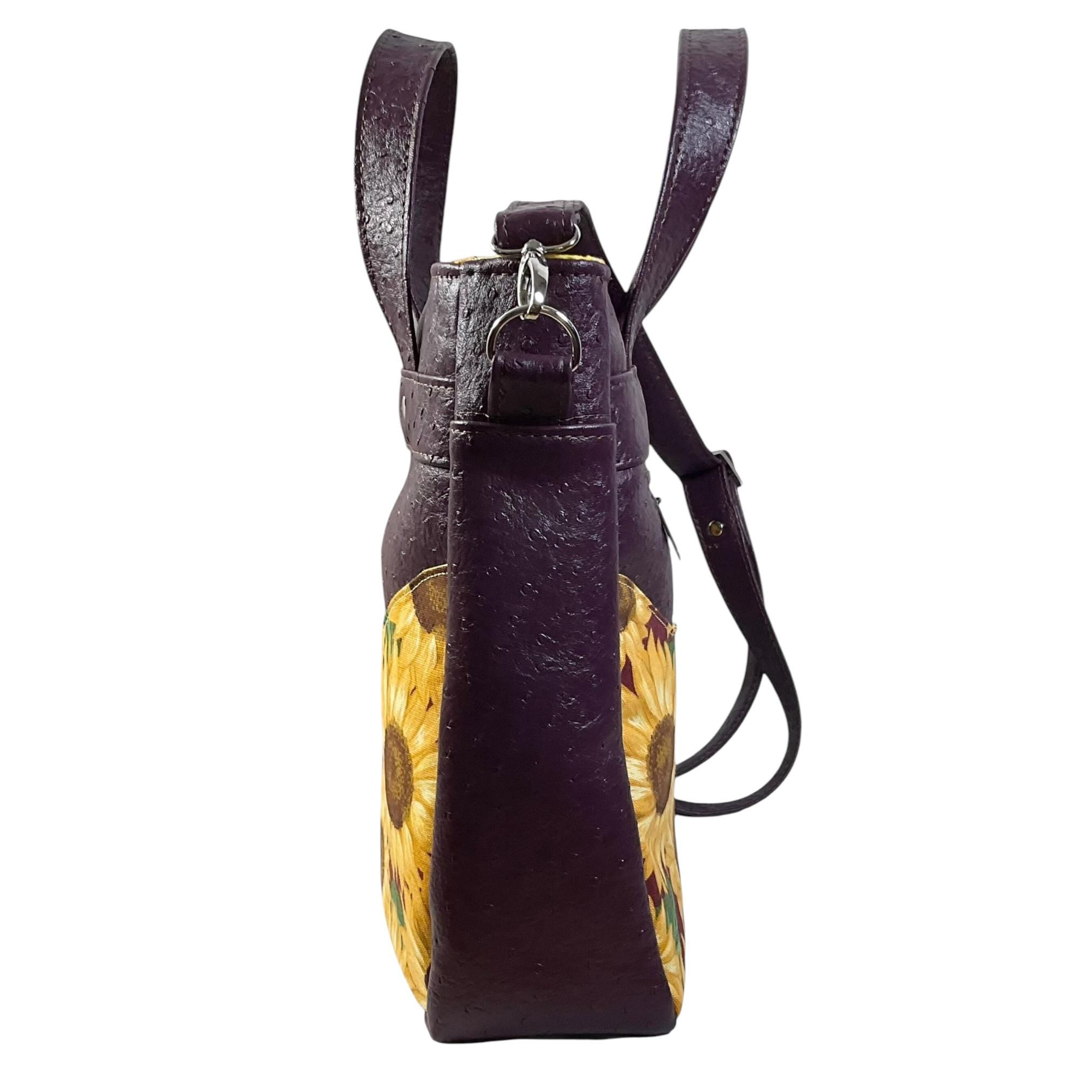 Handbag in faux leather and Sunflower floral print, vegan ladies gift, handles and crossbody strap bag, rectangular shoulder zip pouch,