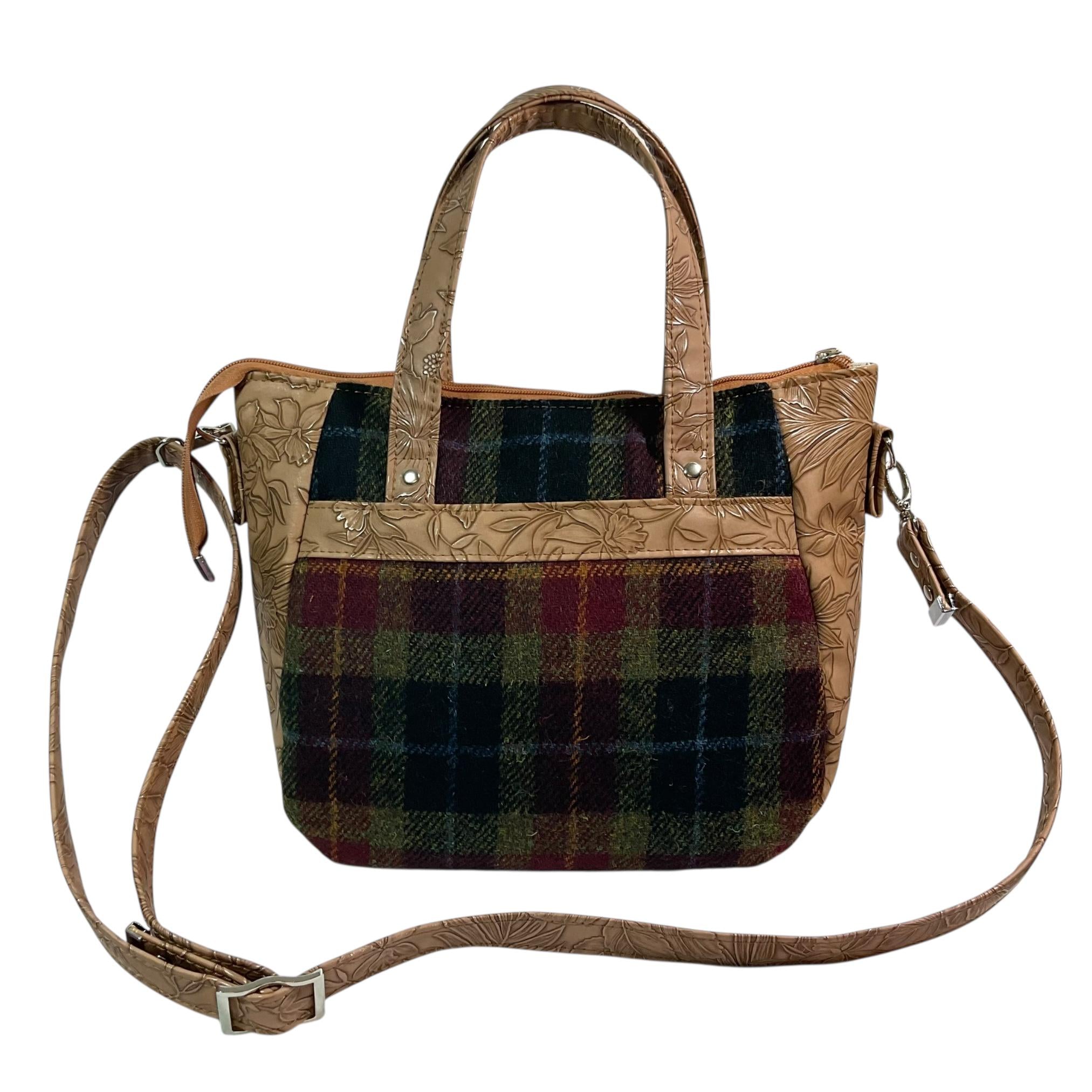 Harris tweed Crossbody Handbag, floral faux leather tote, caramel brown shoulder bag,  zip pocket large adjustable strap organiser bag