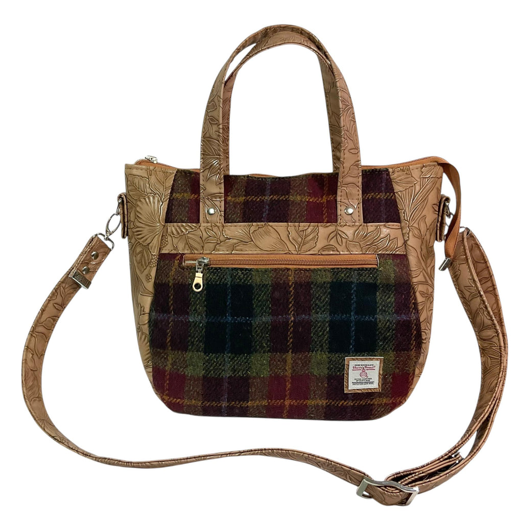 Harris tweed Crossbody Handbag, floral faux leather tote, caramel brown shoulder bag,  zip pocket large adjustable strap organiser bag
