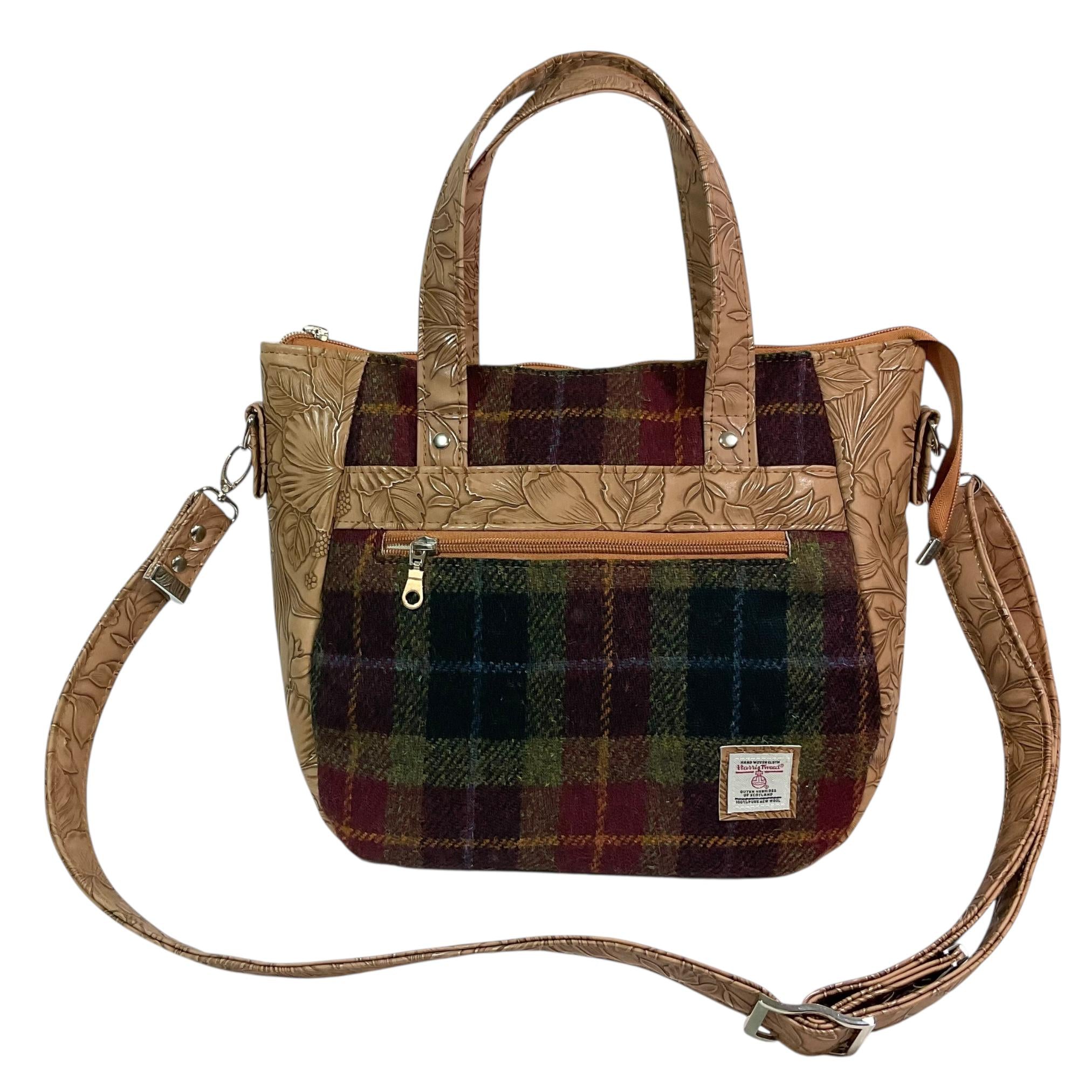 Harris tweed Crossbody Handbag, floral faux leather tote, caramel brown shoulder bag,  zip pocket large adjustable strap organiser bag
