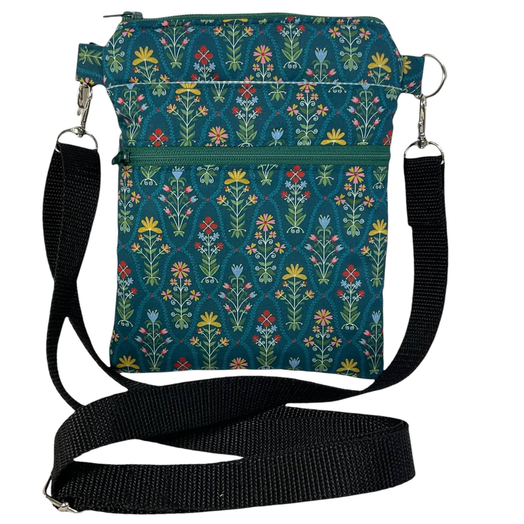 Liberty fabric slim phone shoulder bag with multi pockets, teen messenger style floral phone pouch, mini clutch bag, clubbing festival bag,