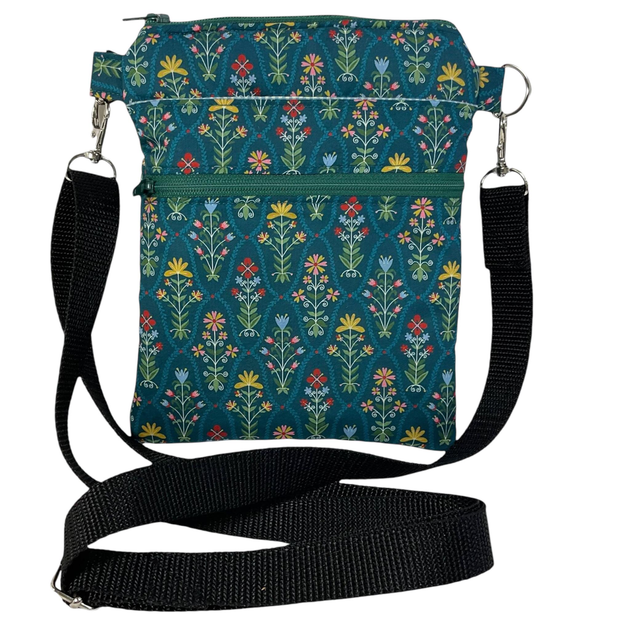 Liberty fabric slim phone shoulder bag with multi pockets, teen messenger style floral phone pouch, mini clutch bag, clubbing festival bag,