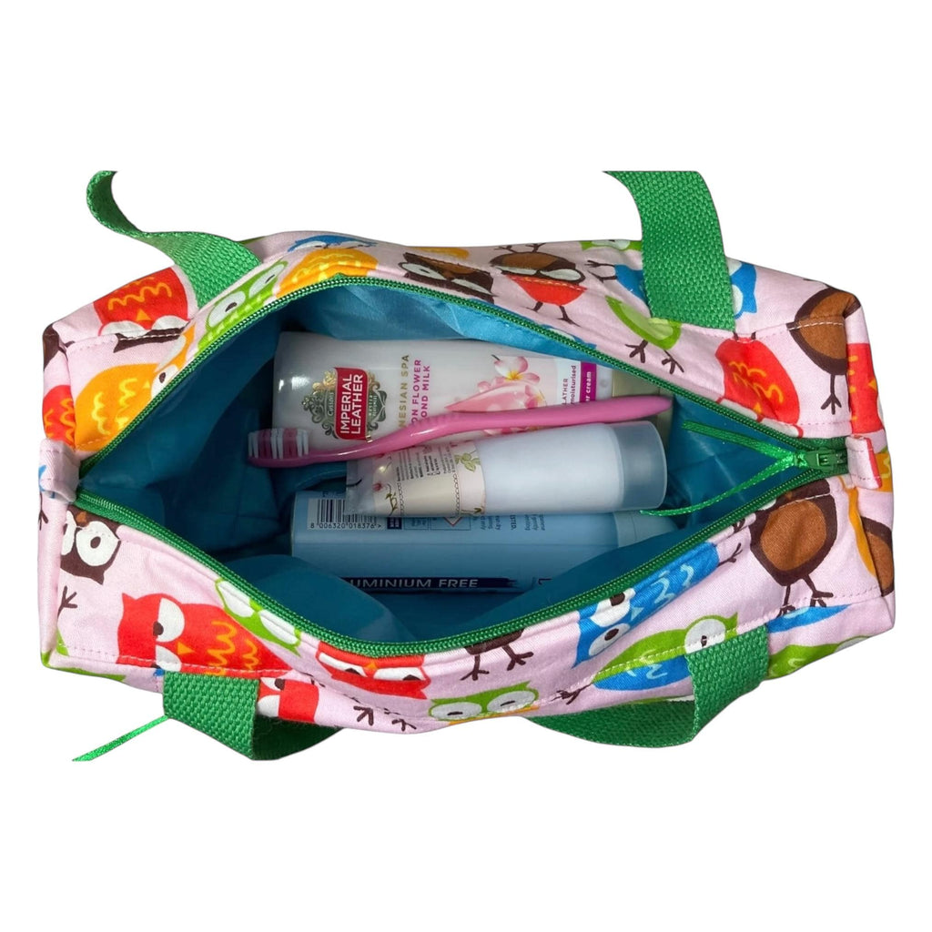 Large owl toiletries bag with handles and zip pocket, bird print Waterproof lined wash pouch, camping  ladies  gift, womens sponge bag