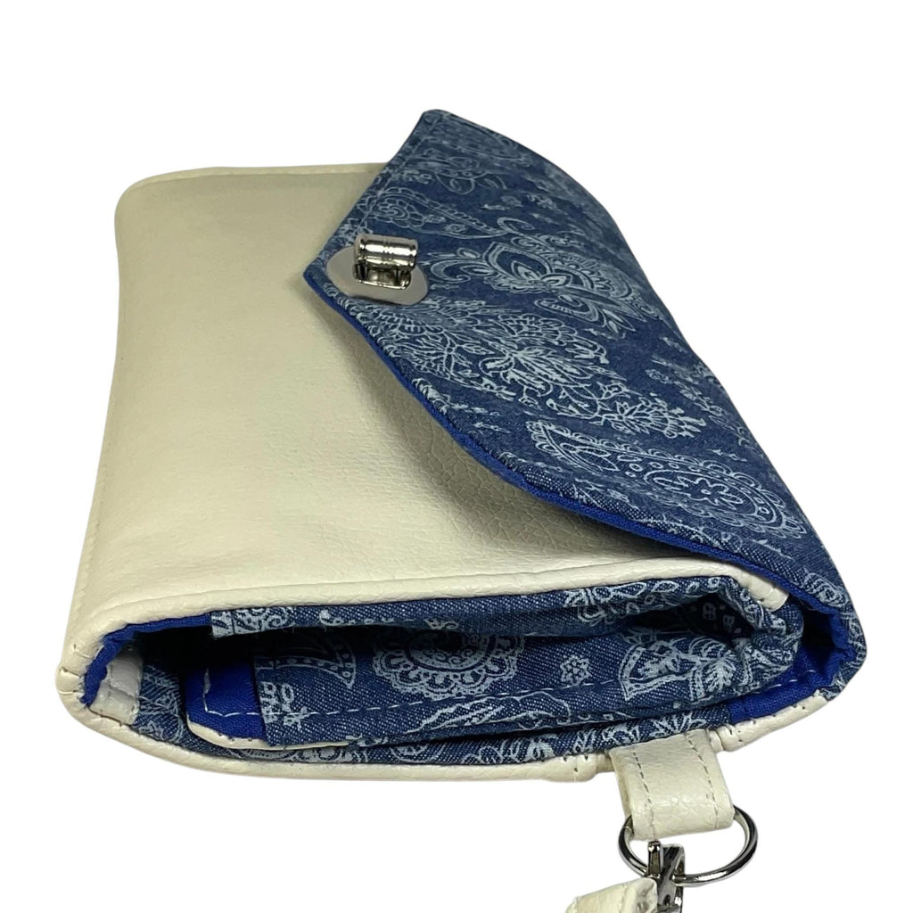 Clutch bag wristlet wallet for phone and cards/ cash, small phone bag in faux leather and floral fabric, evening clubbing purse, ladies gift